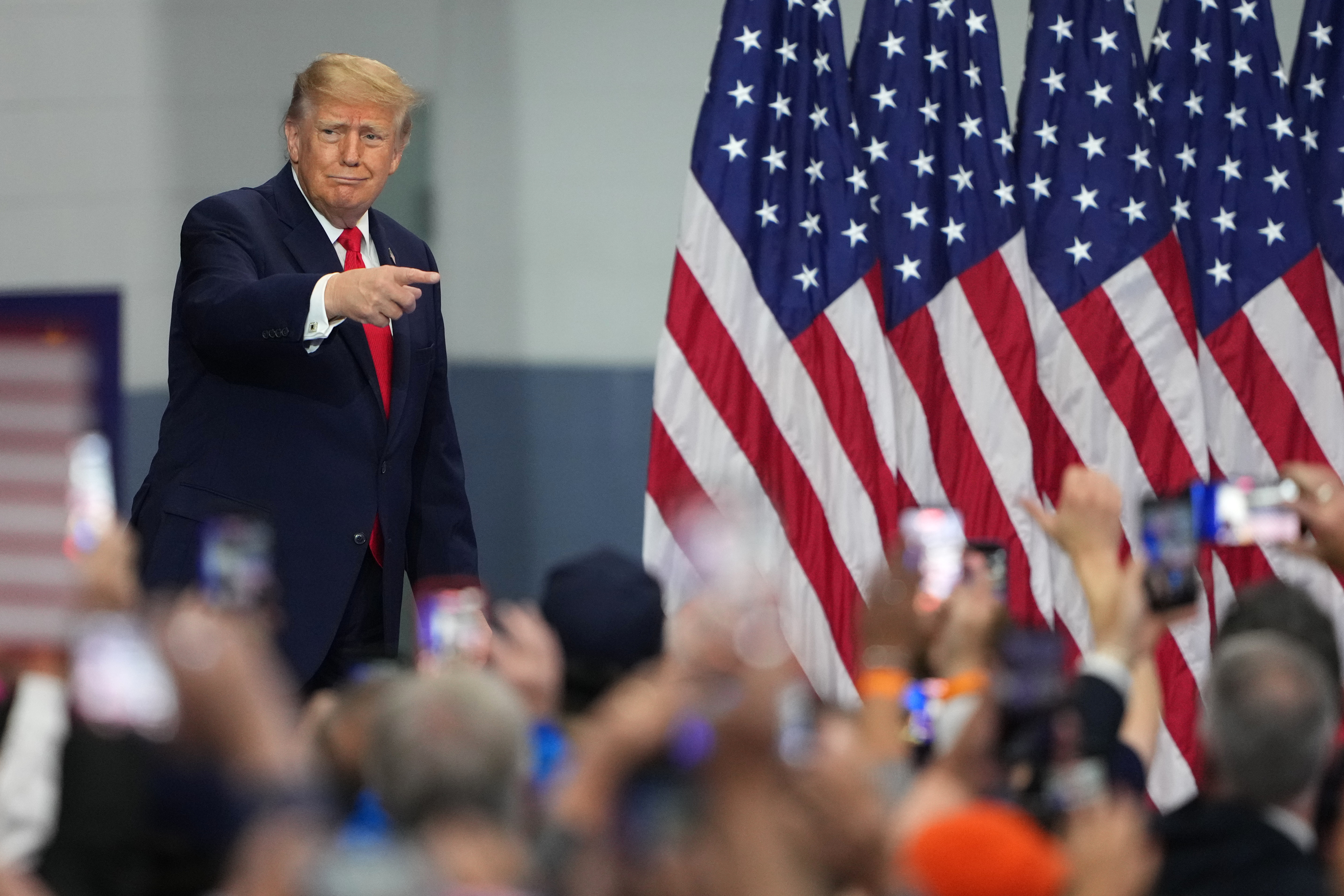 President Donald Trump arrives at a campaign rally at the Curtis D. Menard Memorial Sports Center, Tuesday, Oct. 13, 2026, in Wasilla, Alaska. (AP Photo/Lindsey Wasson)