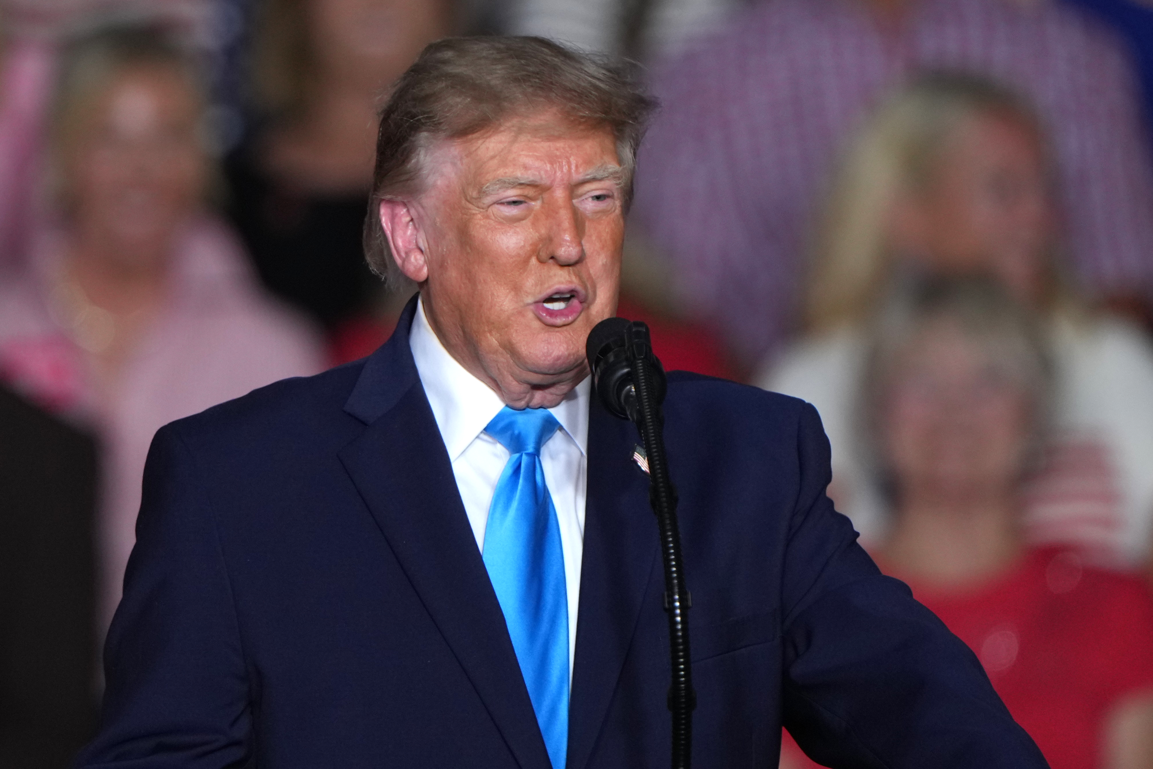 President Donald Trump speaks at a campaign rally at the Pinnacle Bank Expo Center, Monday, Oct. 5, 2026, in Grand Island, Neb. (AP Photo/Charlie Riedel)