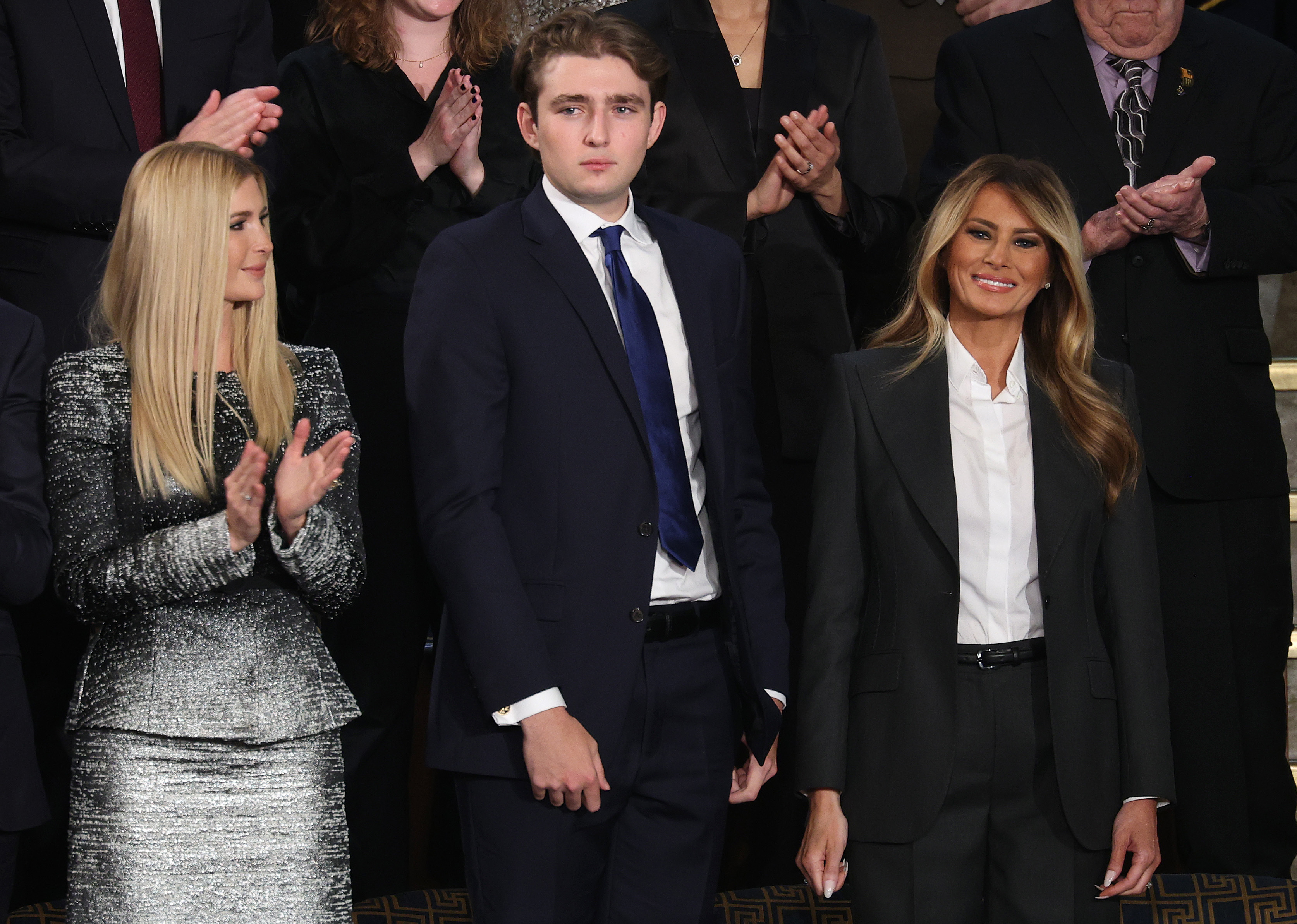 WASHINGTON, DC - FEBRUARY 24: Ivanka Trump (L), Barron Trump and First Lady Melania Trump attend the State of the Union address during a Joint Session of Congress at the U.S. Capitol on February 24, 2026, in Washington, DC. Trump delivered his address days after the Supreme Court struck down the administration's tariff strategy and amid a U.S. military buildup in the Persian Gulf threatening Iran. (Photo by Win McNamee/Getty Images)