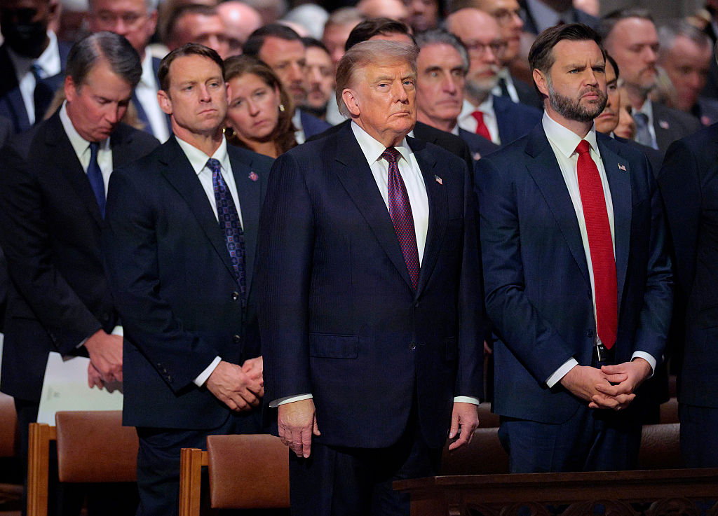 WASHINGTON, DC - JULY 28: U.S. President Donald Trump (C) and U.S. Vice President JD Vance attend the funeral service for the late U.S. Sen. Lindsey Graham (R-SC) at the Washington National Cathedral on July 28, 2026 in Washington, DC. Graham,&nbsp;who was elected to the Senate in 2002, died suddenly on July 11th from an aortic dissection. He was 71 years old. (Photo by Chip Somodevilla/Getty Images)