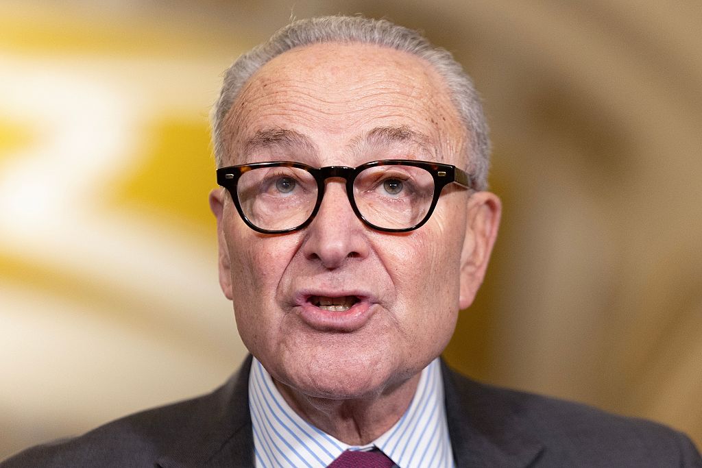 WASHINGTON, DC - OCTOBER 21: Senate Minority Leader Chuck Schumer (D-NY) speaks to reporters at the U.S. Capitol on October 21, 2025 in Washington, DC. The government remains shut down after Congress failed to reach a funding deal 21 days ago.  (Photo by Tasos Katopodis/Getty Images)