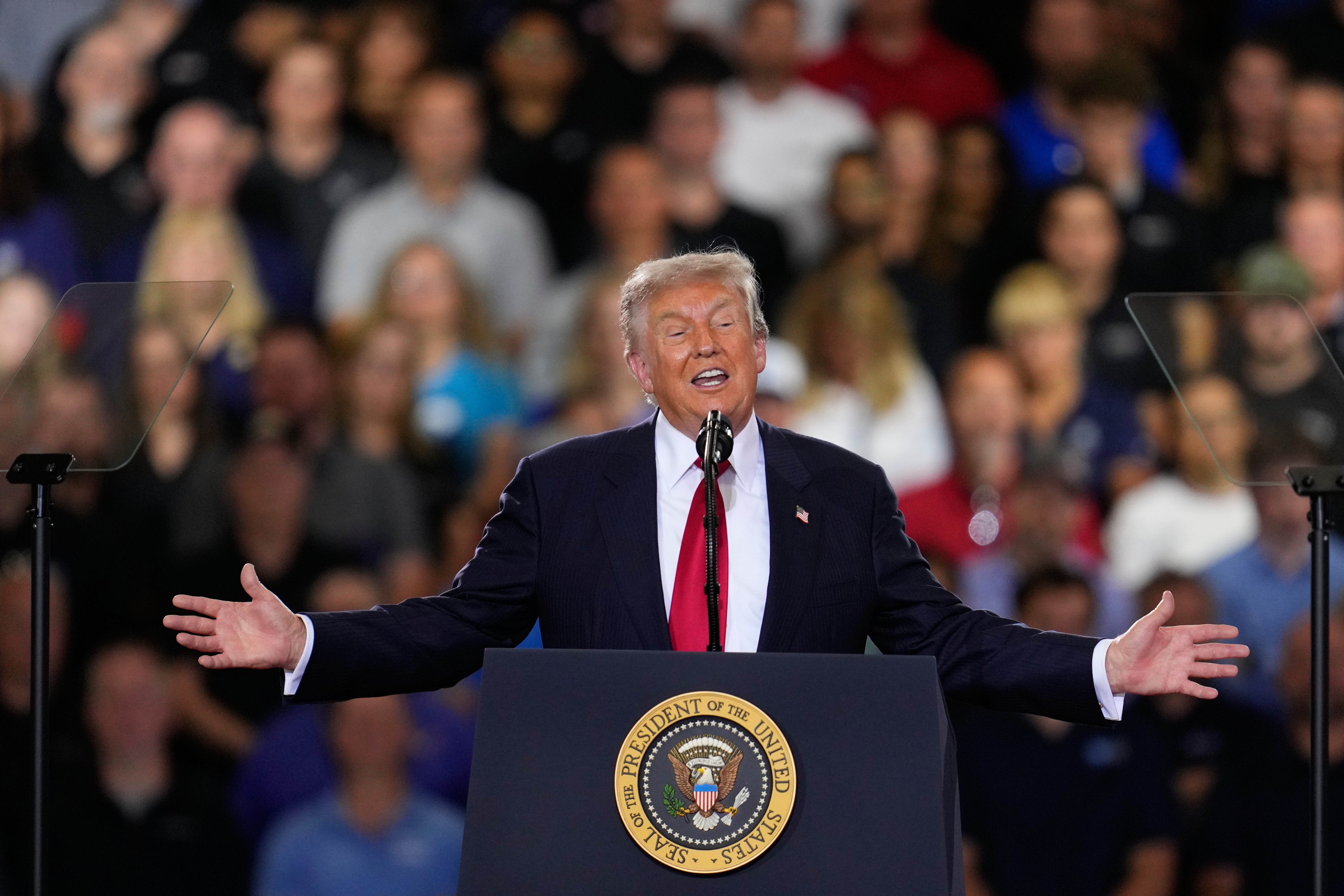 President Donald Trump speaks at an event at the General Motors Proving Ground Monday, July 27, 2026, in Milford, Mich. (AP Photo/Paul Sancya)