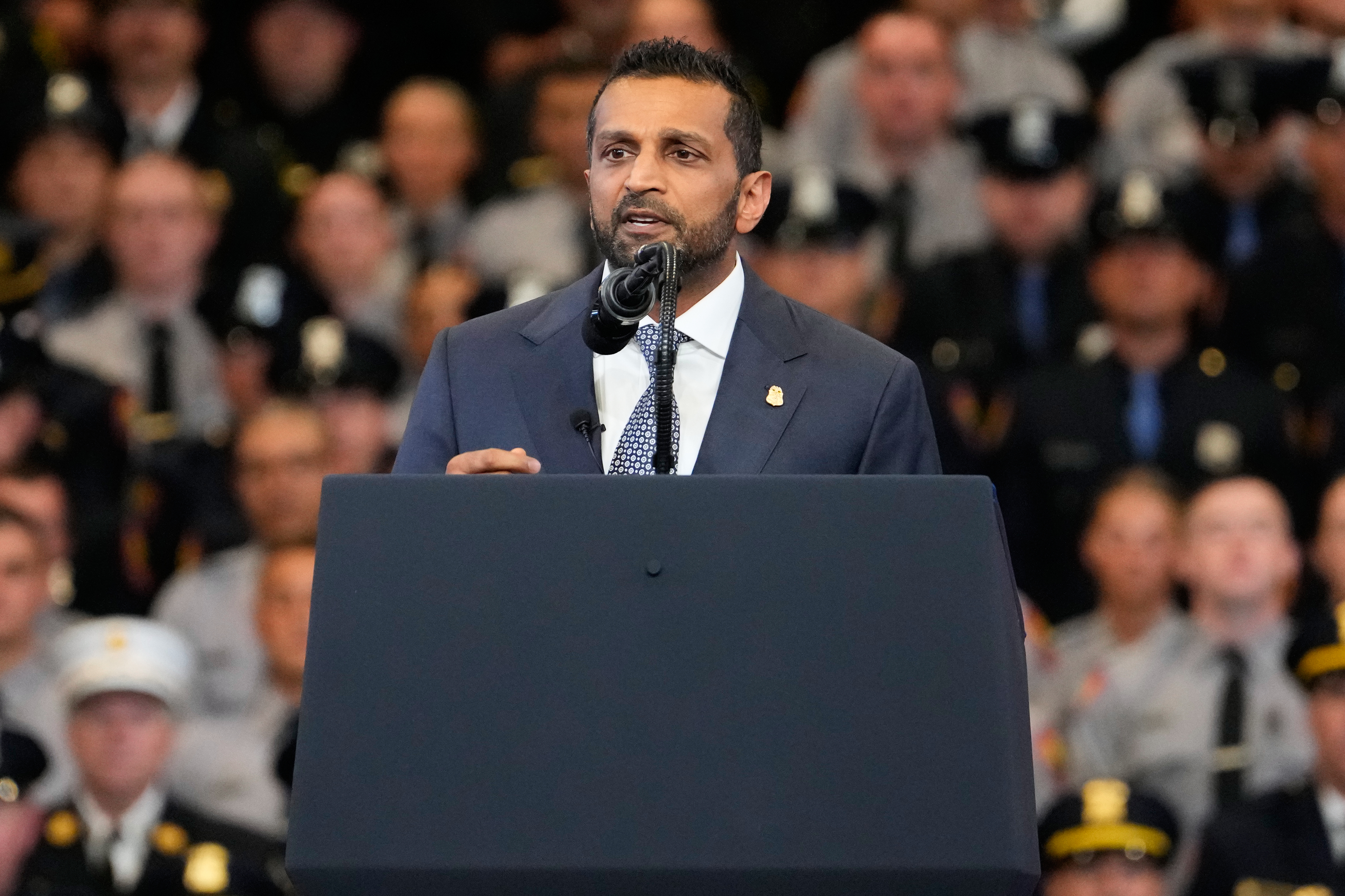 FBI director Kash Patel speaks before President Donald Trump at the David Mack Center for Training and Intelligence, Friday, Aug. 14, 2026, in Garden City, N.Y. (AP Photo/Yuki Iwamura)