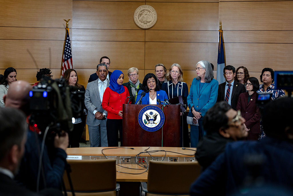 ST PAUL, MINNESOTA - JANUARY 16: U.S. Rep. Pramila Jayapal (D-WA) speaks at a press conference after a field hearing at the Minnesota Senate Building on January 16, 2026 in St Paul, Minnesota. Democrats attend the field hearing titled Kidnapped and Disappeared: Trump's Deadly Assault on Minnesota, where local citizens and politicians speak about Immigration Operation