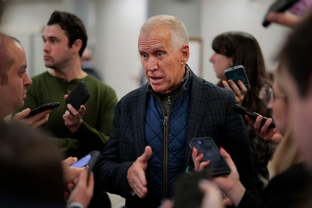 WASHINGTON, DC - JANUARY 27: U.S. Sen. Thom Tillis (R-NC) talks with reporters ahead of a vote in the U.S. Capitol on January 27, 2026 in Washington, DC. The Senate is discussing DHS funding as tensions remain high in Minneapolis after the shooting death of Alex Pretti by federal agents. (Photo by Heather Diehl/Getty Images)