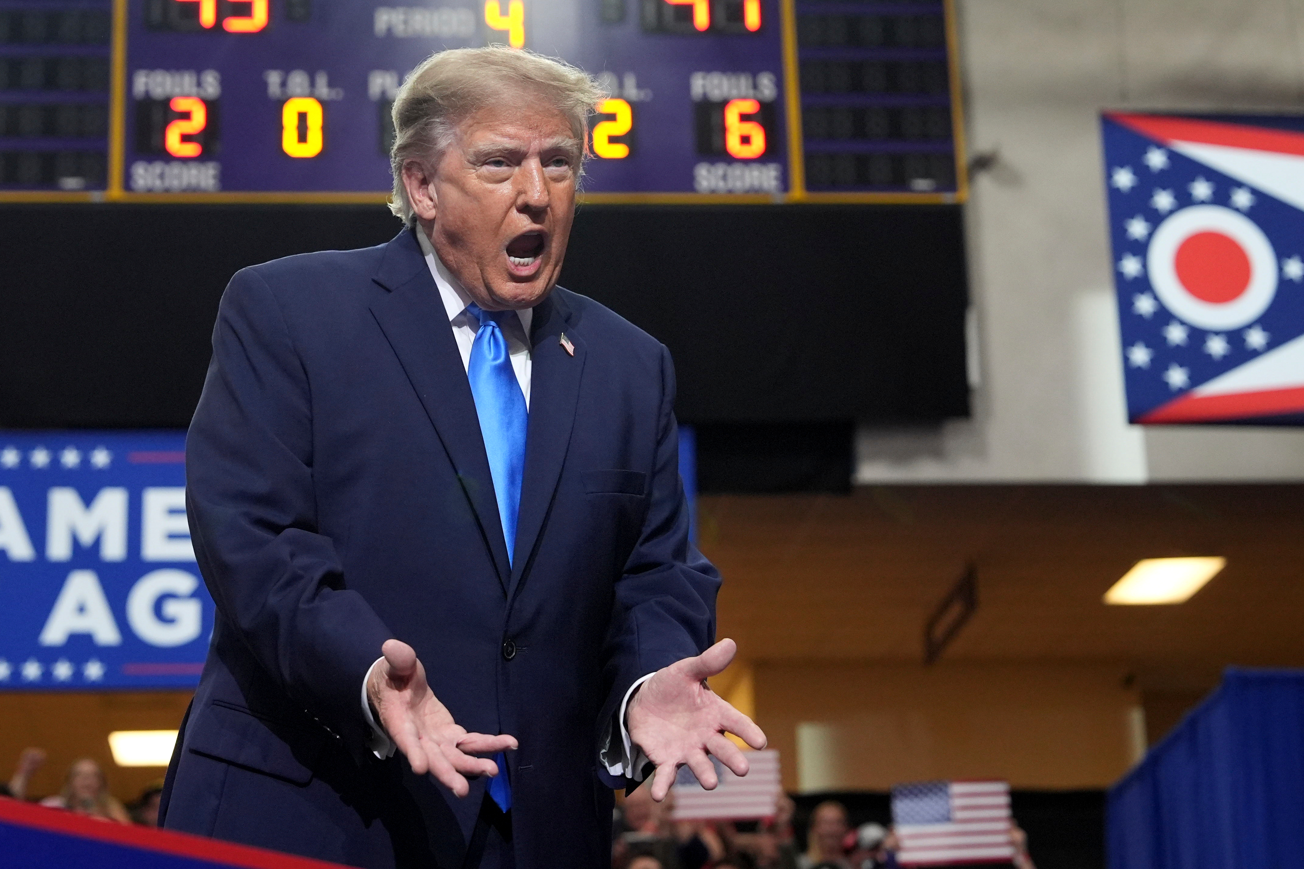 President Donald Trump arrives to speak during an event at Butler High School in Vandalia, Ohio, Saturday, Oct. 3, 2026. (AP Photo/Mark Schiefelbein)