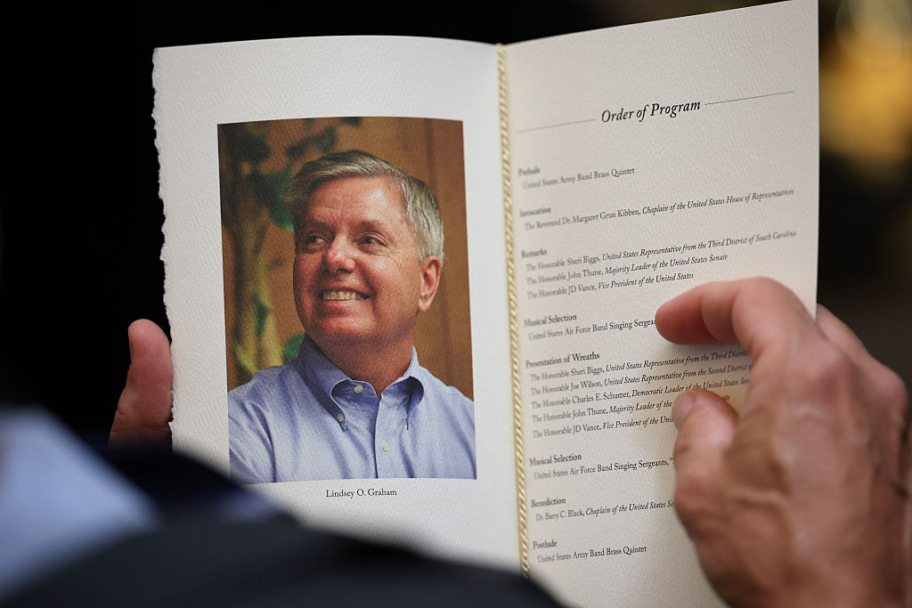 WASHINGTON, DC - JULY 28: A person holds a program during a memorial tribute for the late U.S. Sen. Lindsey Graham (R-SC) in the Rotunda of the U.S. Capitol on July 28, 2026 in Washington, DC. Graham,&nbsp;who was elected to the Senate in 2002, died suddenly on July 11th from an aortic dissection. He was 71 years old. (Photo by Kevin Dietsch/Getty Images)