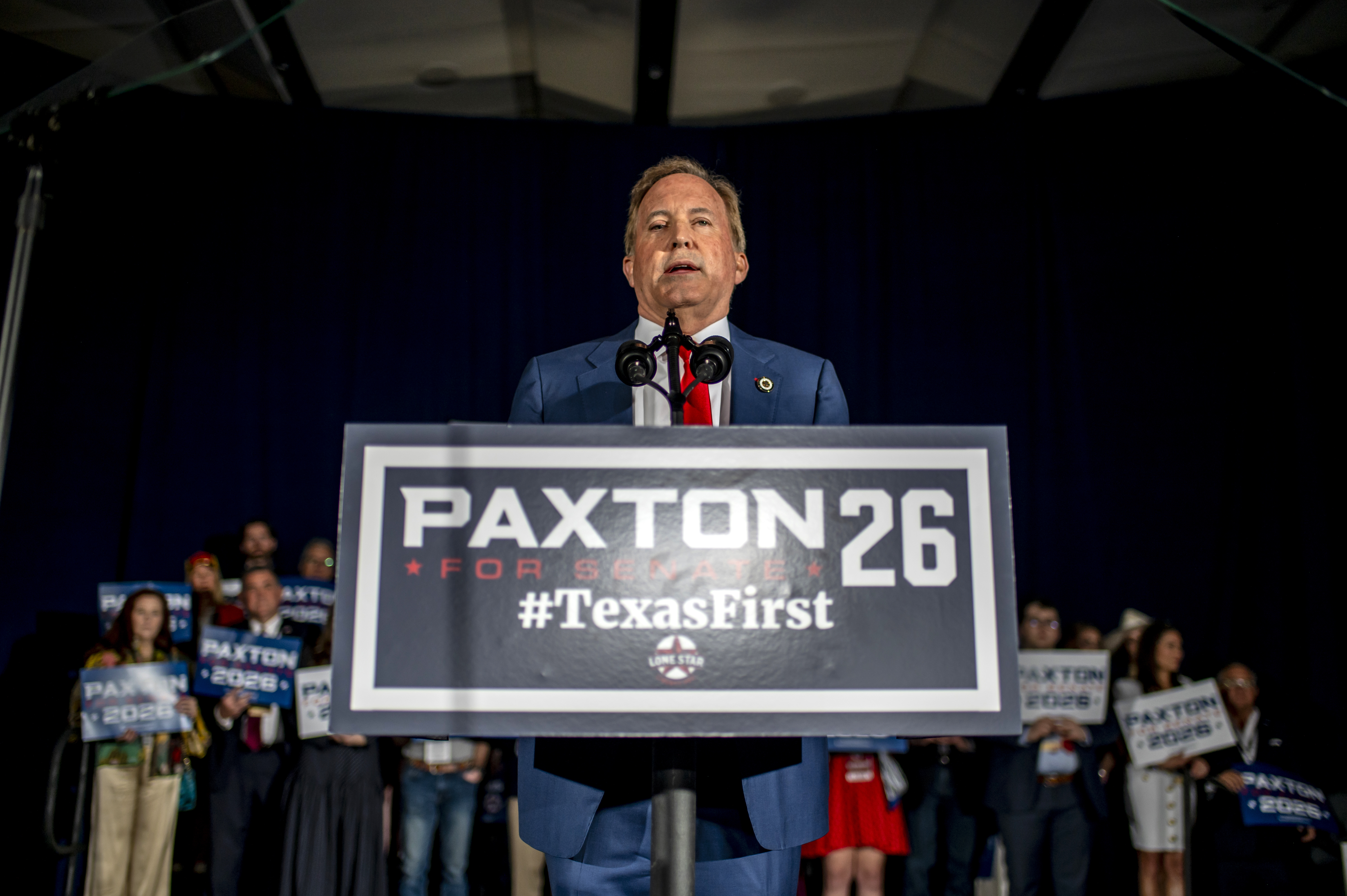DALLAS, TEXAS - MARCH 3: GOP Texas Senate Candidate Ken Paxton speaks to supporters at a watch party on March 3, 2026 in Dallas, Texas. Paxton and incumbent John Cornyn will face off again in a run off. (Photo by Sergio Flores/Getty Images)