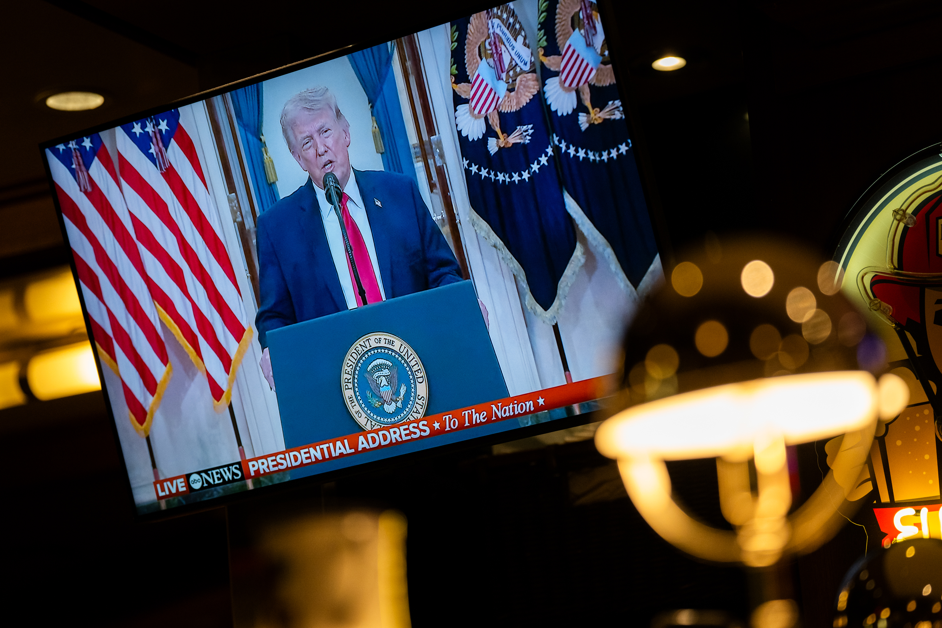 NEW YORK, NEW YORK - APRIL 1: US President Donald Trump makes a national address on television at Brooklyn Diner Times Square on April 1, 2026 in New York City. US President Donald Trump's address to the nation is expected to lay out the framework for ending the conflict in Iran. (Photo by Adam Gray/Getty Images)