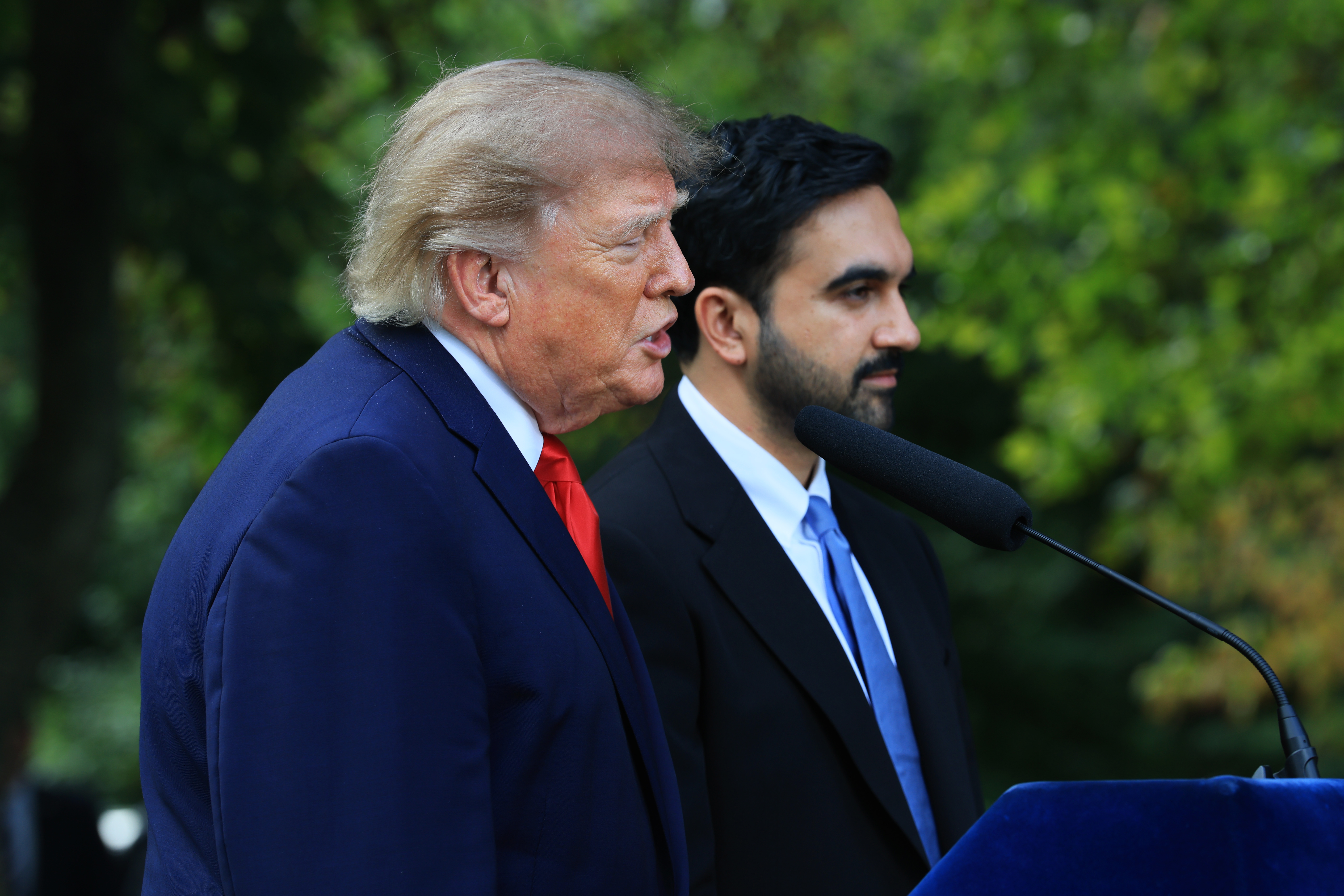 NEW YORK, NEW YORK - SEPTEMBER 21: President Donald Trump and New York Mayor Zohran Mamdani speak to reporters following their meeting at Gracie Mansion on September 21, 2026, in New York City. The two leaders, political opposites, discussed affordable housing, immigration, and other issues important to both New Yorkers and the nation. (Photo by Spencer Platt/Getty Images)