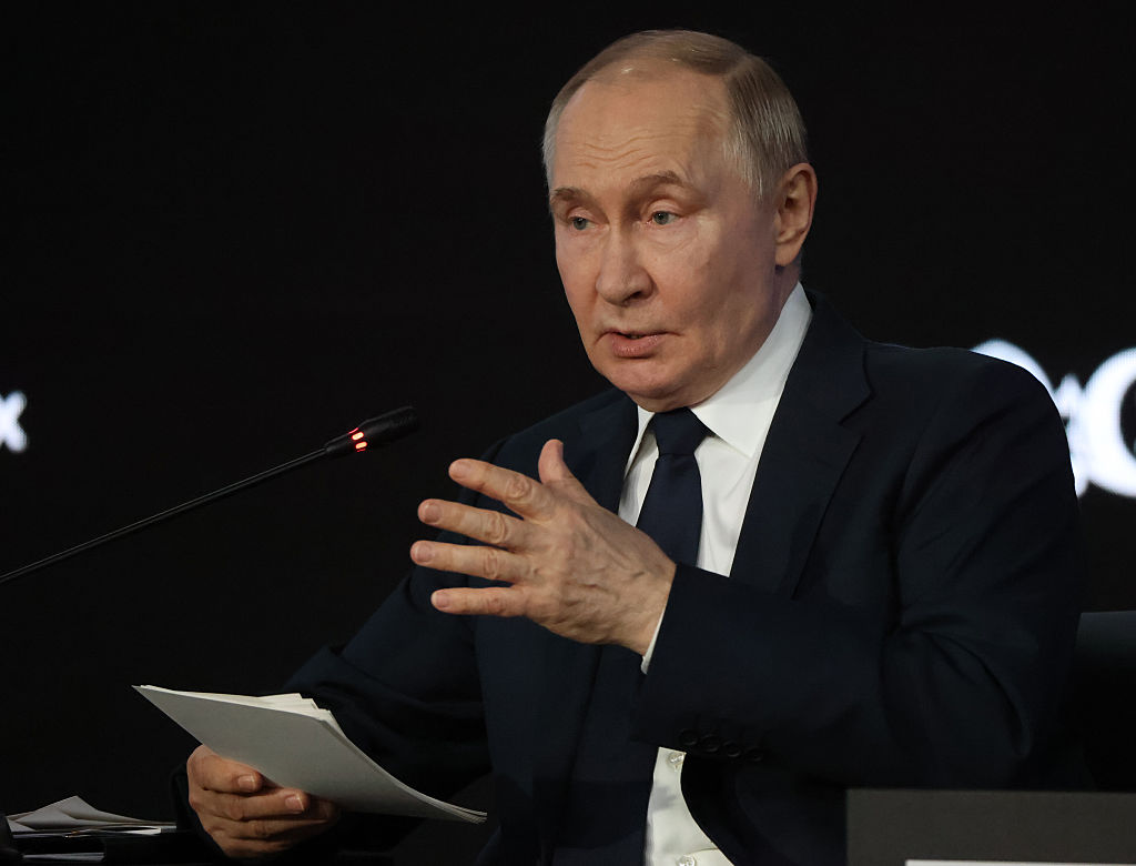 MOSCOW, RUSSIA - JULY 3 (RUSSIA OUT) Russian President Vladimir Putin speaks during the New Ideas For New Times Forum at the Russia National Center,  July 3, 2025, in Moscow, Russia. Putin visited a forum, hosted by Kremlin-backed Agency for Strategic Initiatives, prior to his announced telephone call with U.S. President Donald Trump. (Photo by Contributor/Getty Images)