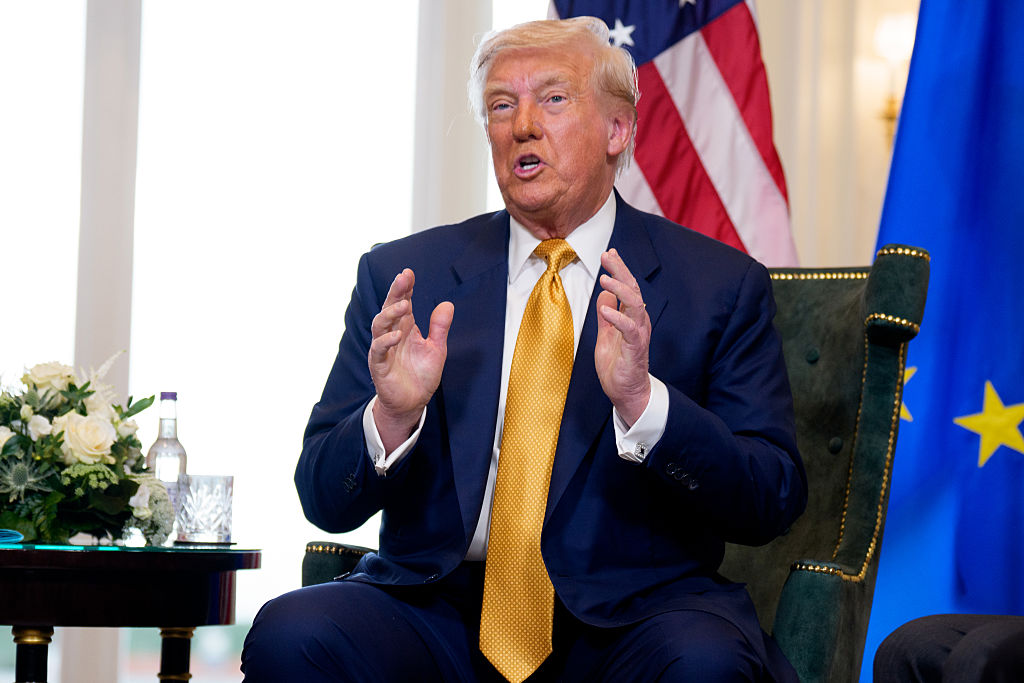TURNBERRY, SCOTLAND - JULY 27: U.S. President Donald Trump speaks during a meeting with President of the European Commission Ursula von der Leyen at Trump Turnberry golf club on July 27, 2025 in Turnberry, Scotland. U.S. President Donald Trump is visiting his Trump Turnberry golf course, as well as Trump International Golf Links in Aberdeenshire, during a brief visit to Scotland from July 25 to 29. (Photo by Andrew Harnik/Getty Images)