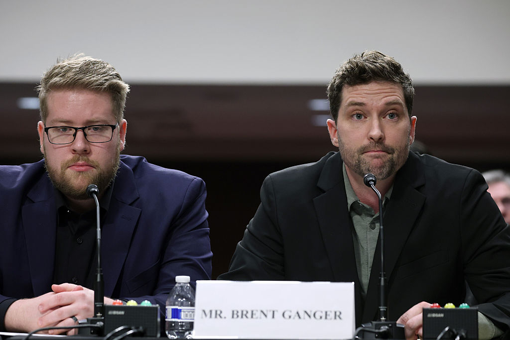 WASHINGTON, DC - FEBRUARY 03: Luke Ganger and Brent Ganger speak during a public forum on violent use of force by Department of Homeland Security (DHS) agents, at the Dirksen Senate Office Building on Capitol Hill on February 03, 2026 in Washington, DC. The forum, hosted by Democratic lawmakers, is hearing testimony from Brent and Luke Granger, whose sister Renee Good, was shot and killed by ICE agents in Minneapolis and Marimar Martinez, who survived after being shot by CBP agents in Chicago. (Photo by Win McNamee/Getty Images)