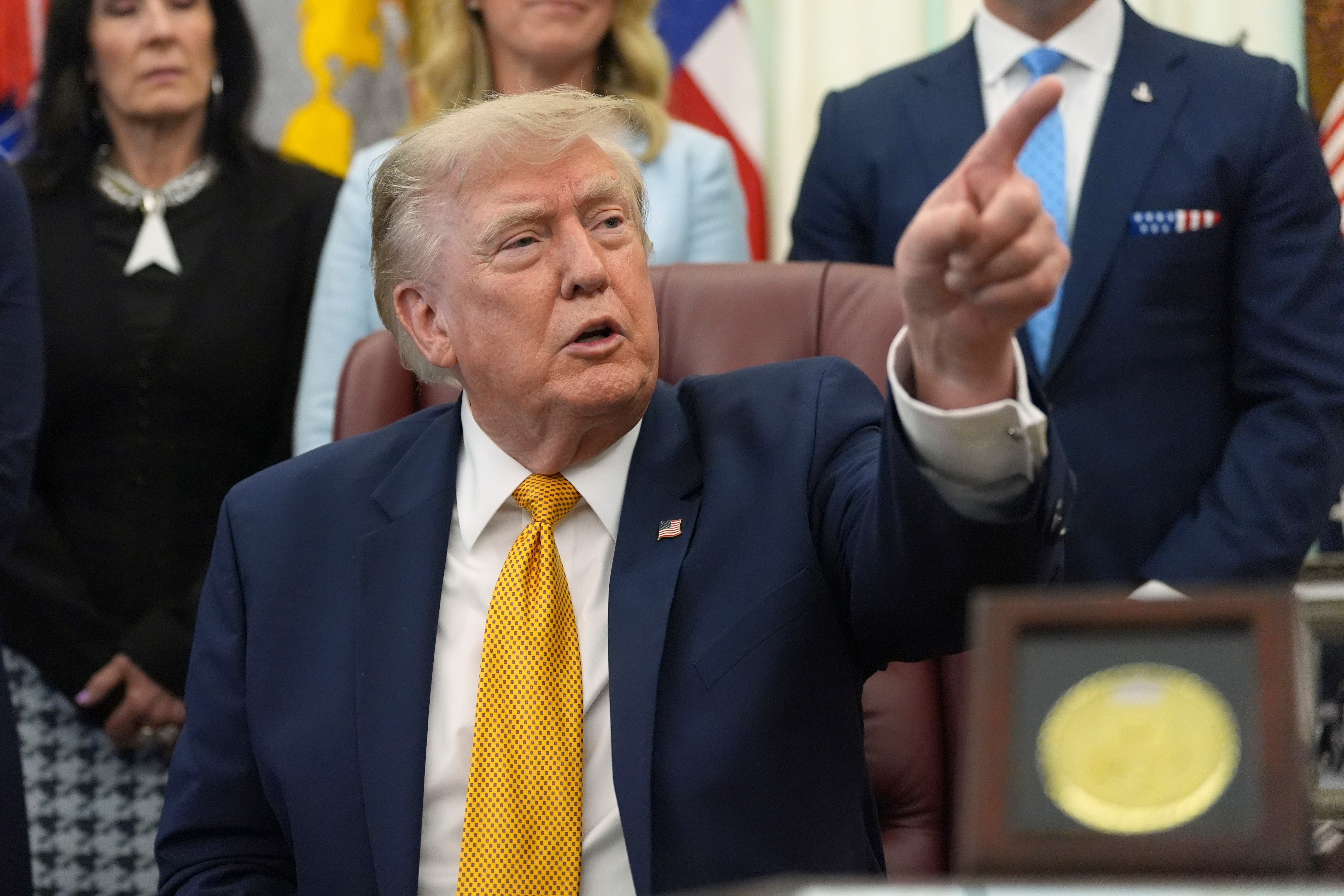 President Donald Trump speaks during a meeting about military families, in the Oval Office of the White House, Monday, Aug. 3, 2026, in Washington. (AP Photo/Alex Brandon)
