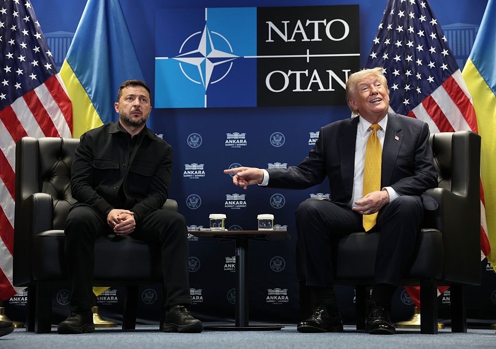 ANKARA, TURKEY - JULY 08:  U.S. President Donald Trump (R) meets with Volodymyr Zelenskyy, President of Ukraine (L) for bilateral talks at Beştepe Presidential Compound during the NATO Summit on July 08, 2026 in Ankara, Turkey. Leaders from NATO's 32 countries, plus NATO allies like Ukraine, gathered in the Turkish capital to discuss a range of issues involving spending targets, defense industrial production, and support for Ukraine, among other topics. (Photo by Win McNamee/Getty Images)