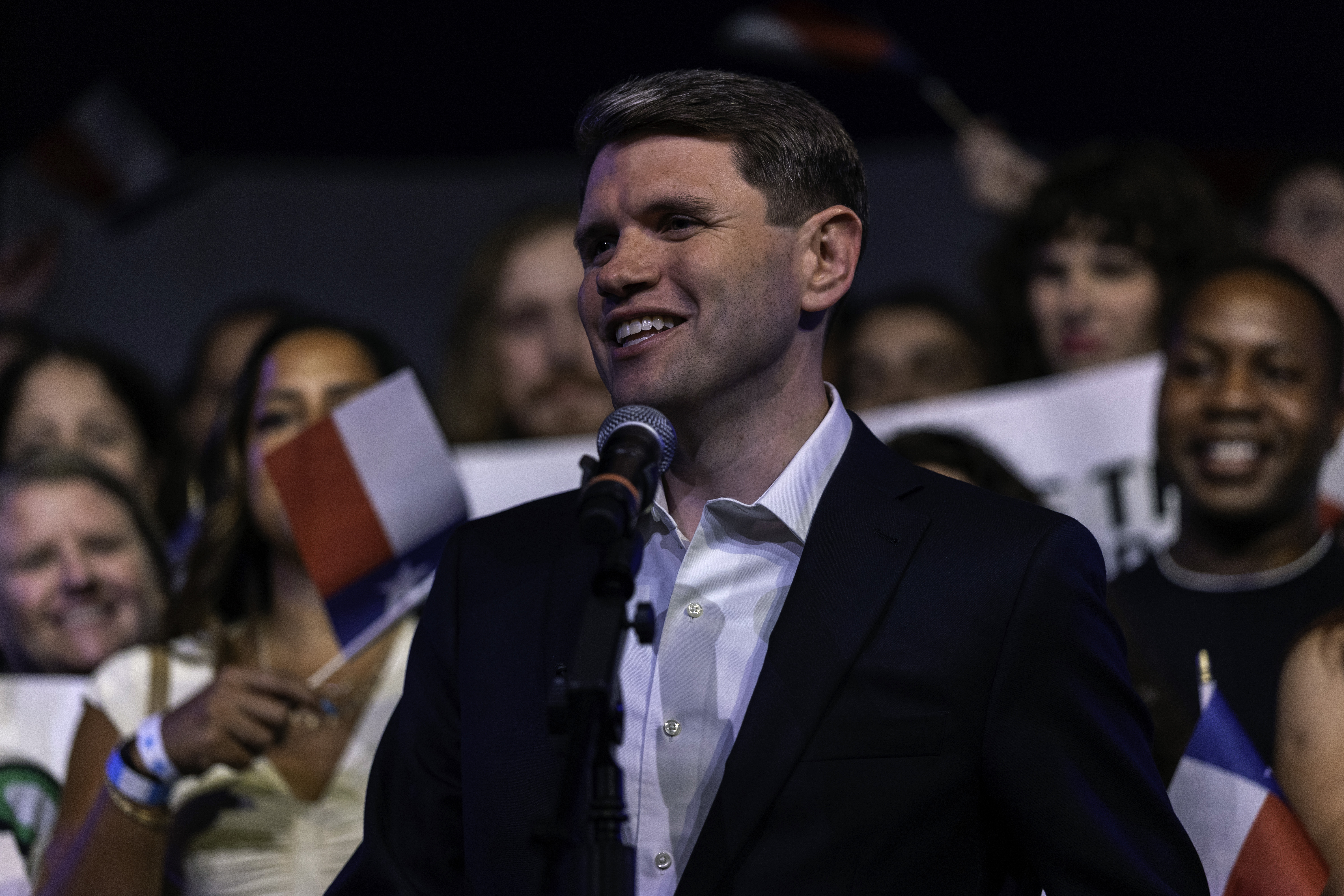 AUSTIN, TEXAS - MARCH 03: Texas Senate candidate James Talarico (D-TX) addresses supporters on election night on March 03, 2026 in Austin, Texas. Texans went to the polls to vote for Democratic and Republican primary candidates ahead of November's midterm elections. (Photo by John Moore/Getty Images)