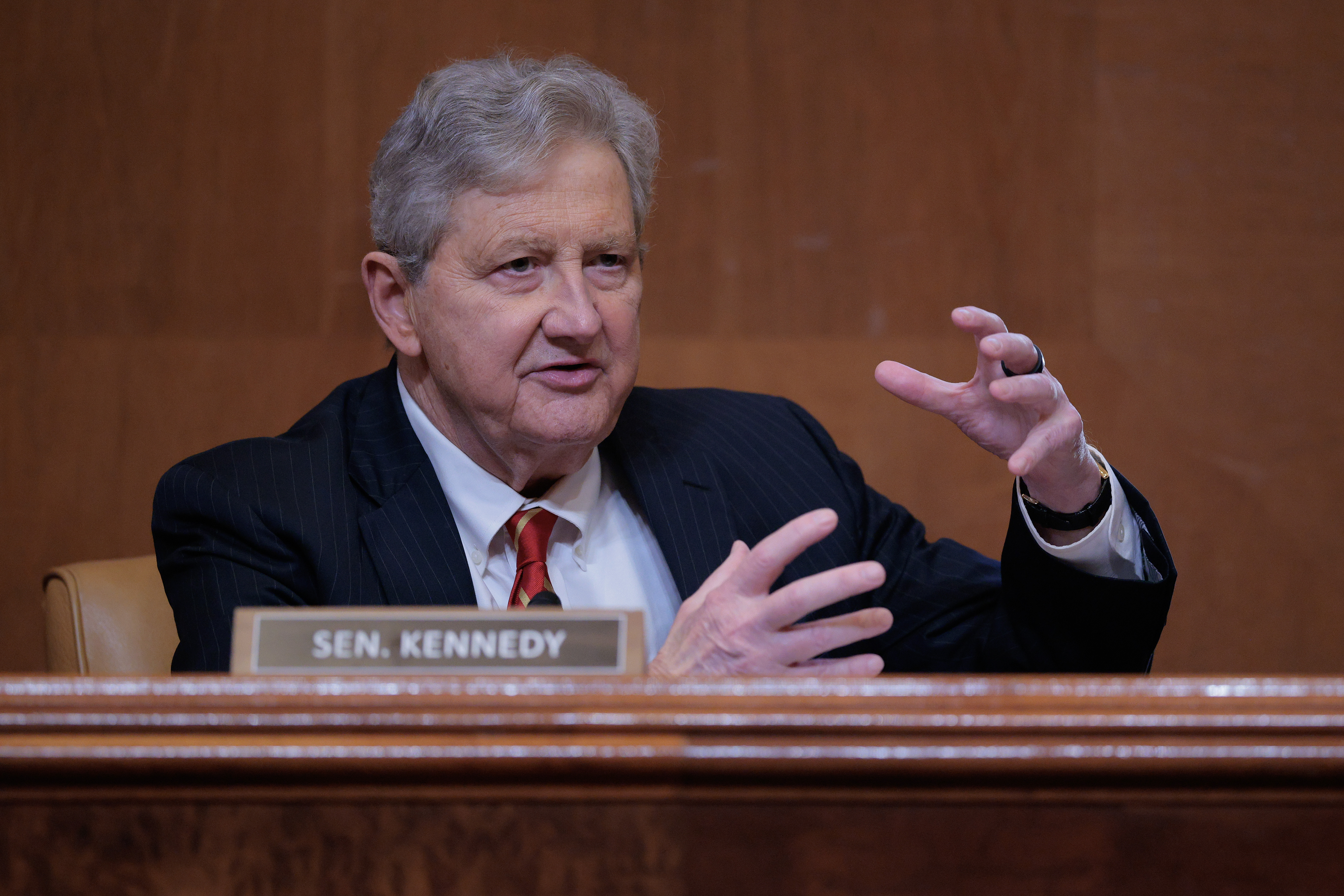 WASHINGTON, DC - MAY 12: U.S. Sen. John Kennedy (R-LA) asks questions during a Senate Appropriations Committee hearing on the FY2027 budget request in the Dirksen Senate Office Building on Capitol Hill on May 12, 2026 in Washington, DC. The Trump administration is asking for an unprecedented $1.5 trillion for the Pentagon, an increase of 50-percent over last year's budget. (Photo by Chip Somodevilla/Getty Images)