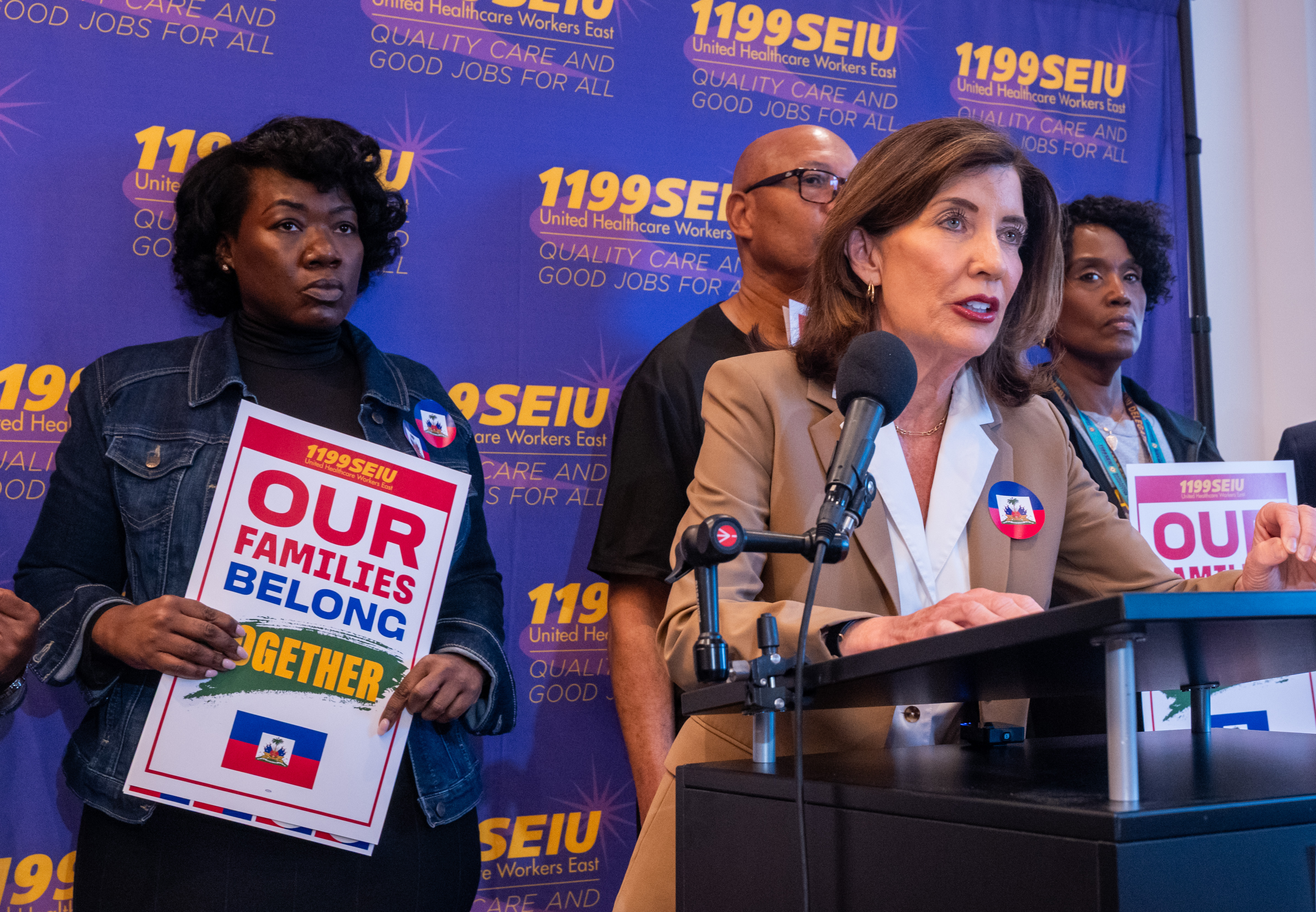 NEW YORK, NEW YORK - JUNE 25: New York Gov. Kathy Hochul speaks at a news conference and rally at a Manhattan union headquarters to show her support for the Haitian and Syrian communities after the US Supreme Court ruled that the Trump administration could  end the legal status for potentially millions of foreign nationals from countries experiencing conflict and violence, like Haiti and Syria, on June 25, 2026 in New York City. The decision, known as Temporary Protected Status (TPS) , means that over 350,000 Haitians and Syrians could lose their work authorizations and ability to remain in the country.  (Photo by Spencer Platt/Getty Images)