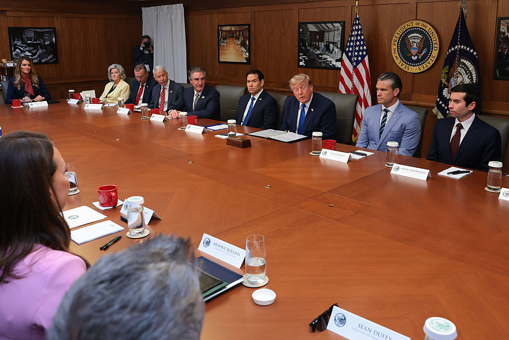 CAMP DAVID, MARYLAND - JULY 31:  U.S. President Donald Trump speaks during a Cabinet meeting at the presidential retreat on July 31, 2026 in Camp David, Maryland. Trump convened members of his Cabinet at the presidential retreat as the war with Iran continues.  (Photo by Anna Moneymaker/Getty Images)