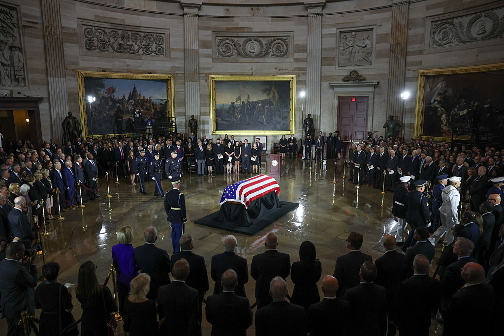 WASHINGTON, DC - JULY 28: The casket of the late U.S. Sen. Lindsey Graham (R-SC) lies in state during a memorial tribute in the Rotunda of the U.S. Capitol on July 28, 2026 in Washington, DC. Graham,&nbsp;who was elected to the Senate in 2002, died suddenly on July 11th from an aortic dissection. He was 71 years old. (Photo by Kevin Dietsch/Getty Images)