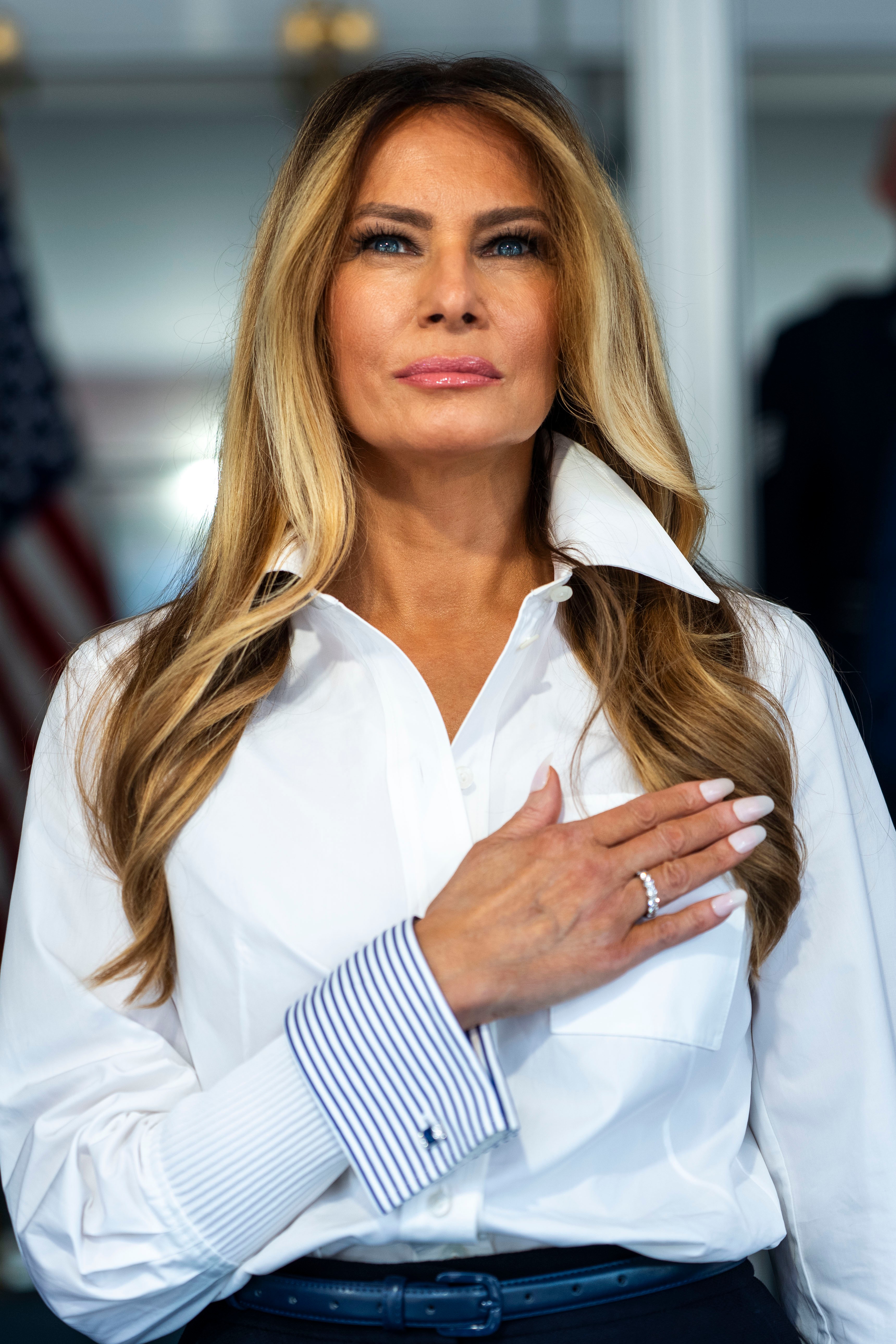 First lady Melania Trump is pictured during the playing of the national anthem at the IndyCar Freedom 250 Grand Prix auto race, Sunday, Aug. 23, 2026, in Washington. (Doug Mills/The New York Times via AP, Pool)