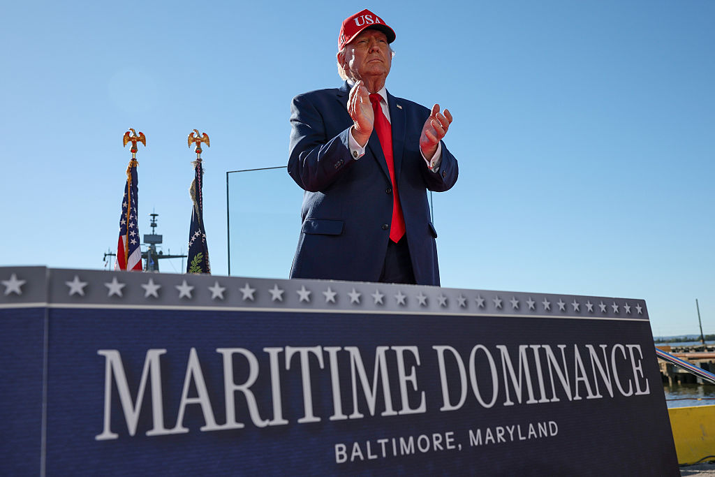 SPARROWS POINT, MARYLAND - OCTOBER 06: U.S. President Donald Trump appears on stage to deliver remarks at Tradepoint Atlantic on October 06, 2026 in Sparrows Point, Maryland. President Trump announced a $3.7 billion investment by defense contractor Anduril Industries to build a new shipyard at Tradepoint Atlantic, which will manufacture Virginia-class attack submarines, in what is expected to create thousands of permanent jobs and become the largest single private investment in the state. (Photo by Win McNamee/Getty Images)