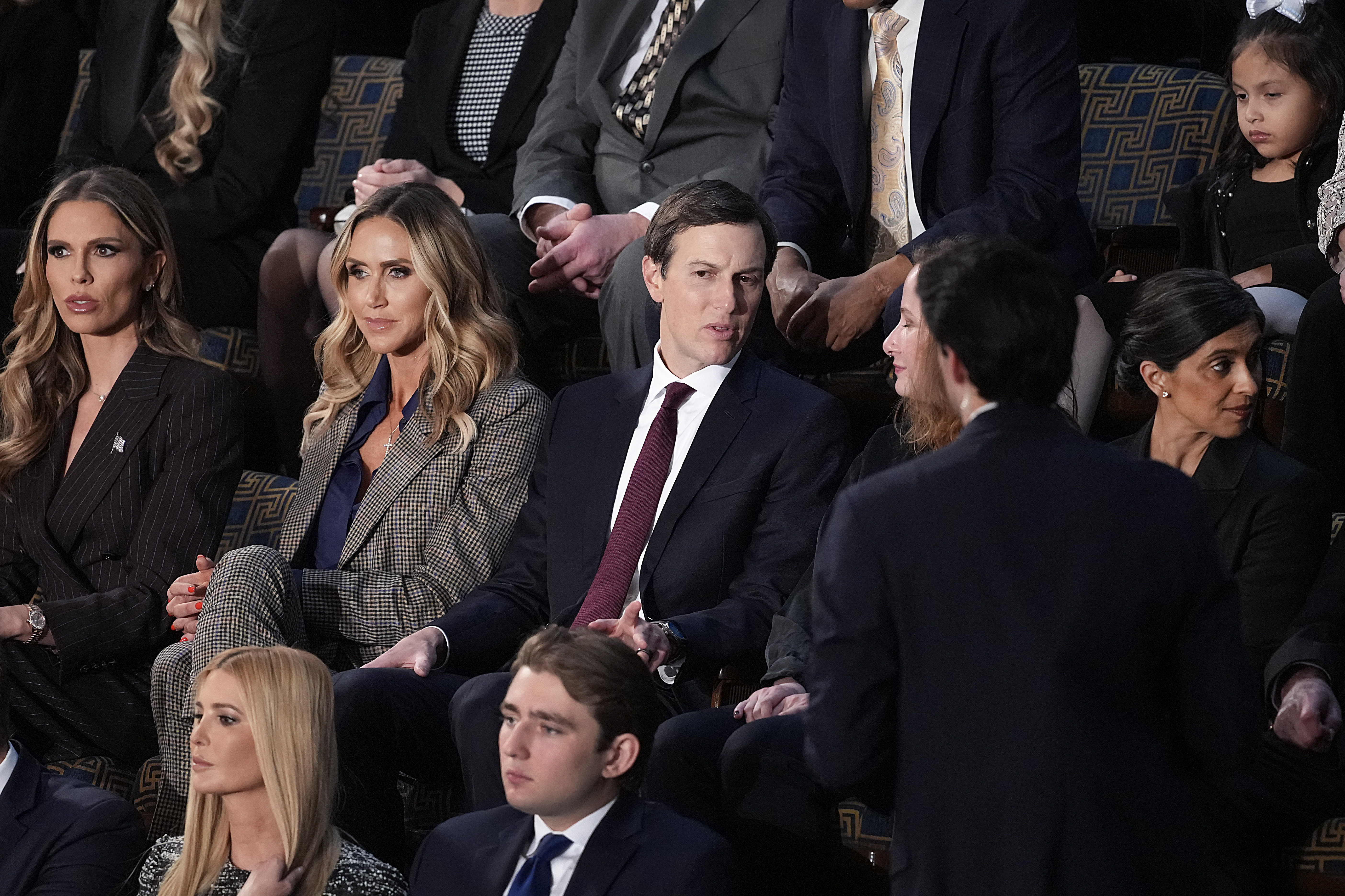 WASHINGTON, DC - FEBRUARY 24 Bettina Anderson (L), LaraTrump, Jared Kuschner and Usha Vance attend the State of the Union address during a Joint Session of Congress at the U.S. Capitol on February 24, 2026, in Washington, DC. Trump delivered his address days after the Supreme Court struck down the administration's tariff strategy and amid a U.S. military buildup in the Persian Gulf threatening Iran. (Photo by Andrew Harnik/Getty Images)