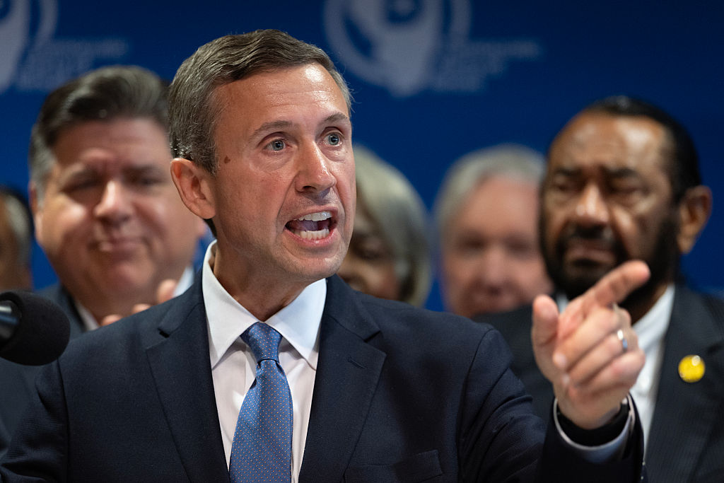 AURORA, ILLINOIS - AUGUST 05: Ken Martin, chairman of the Democratic National Committee, speaks during a press conference with Texas Democrats at the International Union of Painters and Allied Trades union hall on August 05, 2025 in Aurora, Illinois. Democratic Texas lawmakers left the state on Sunday to prevent a quorum from being reached during a special session called to redistrict the state in favor of Republican candidates.   (Photo by Scott Olson/Getty Images)