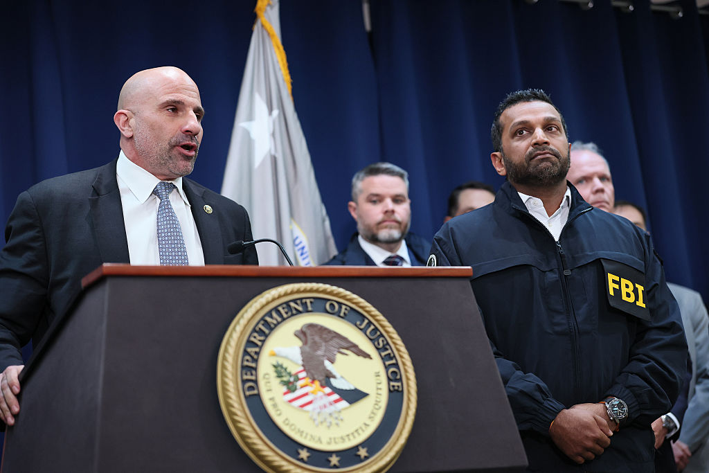 NEW YORK, NEW YORK - OCTOBER 23: Assistant Director in Charge of the NY Field Office of the FBI Christopher Raia speaks as FBI Director Kash Patel listens during a press conference on October 23, 2025 in New York City. FBI Director Kash Patel was joined by U.S. Attorney for the Eastern District of New York Joseph Nocella, Jr., Assistant Director in Charge of the NY Field Office of the FBI Christopher Raia, Special Agent in Charge of the NY Field Office of Homeland Security Investigations Ricky Patel, NYPD Commissioner Jessica Tisch and various members of law enforcement as they announced indictments against current and former N.B.A. players, that include Chauncey Billups coach of the Portland Trailblazers and hall of fame inductee, Terry Rozier, a guard for the Miami Heat, in a pair of criminal cases that involved the coordination of Mafia families and professional athletes. (Photo by Michael M. Santiago/Getty Images)