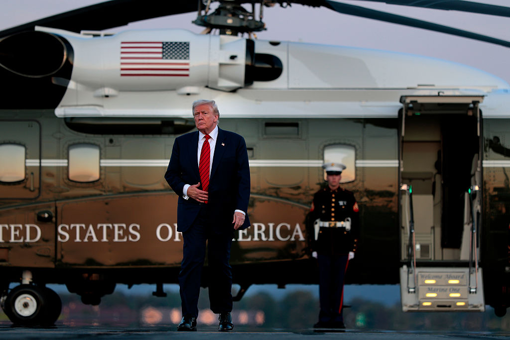 ALLENTOWN, PENNSYLVANIA - AUGUST 03: U.S. President Donald Trump walks towards reporters from Marine One at at the Lehigh Valley International Airport on August 03, 2025 in Allentown, Pennsylvania. Trump spent the weekend at his property in Bedminster, New Jersey. (Photo by Anna Moneymaker/Getty Images)