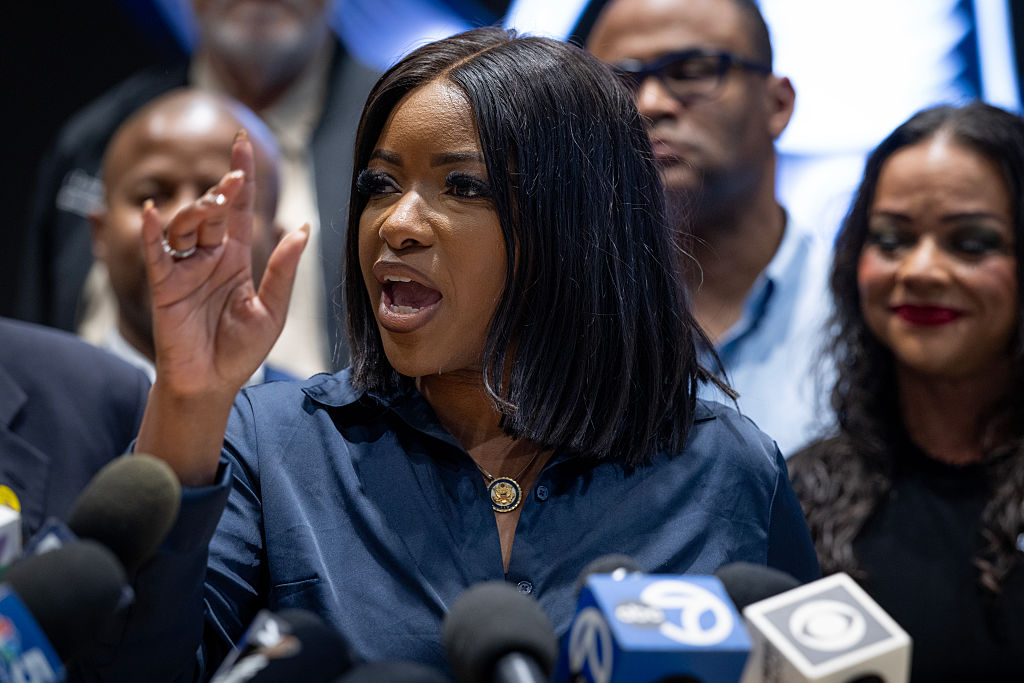 WARRENVILLE, ILLINOIS - AUGUST 04: Rep. Jasmine Crockett (D-TX) joins Texas House Democrats for a press conference at the International Brotherhood of Electrical Workers union hall on August 04, 2025 in Warrenville, Illinois. The House Democrats left Texas yesterday so a quorum could not be reached during a special session called to redistrict the state to favor Republican candidates. (Photo by Scott Olson/Getty Images)