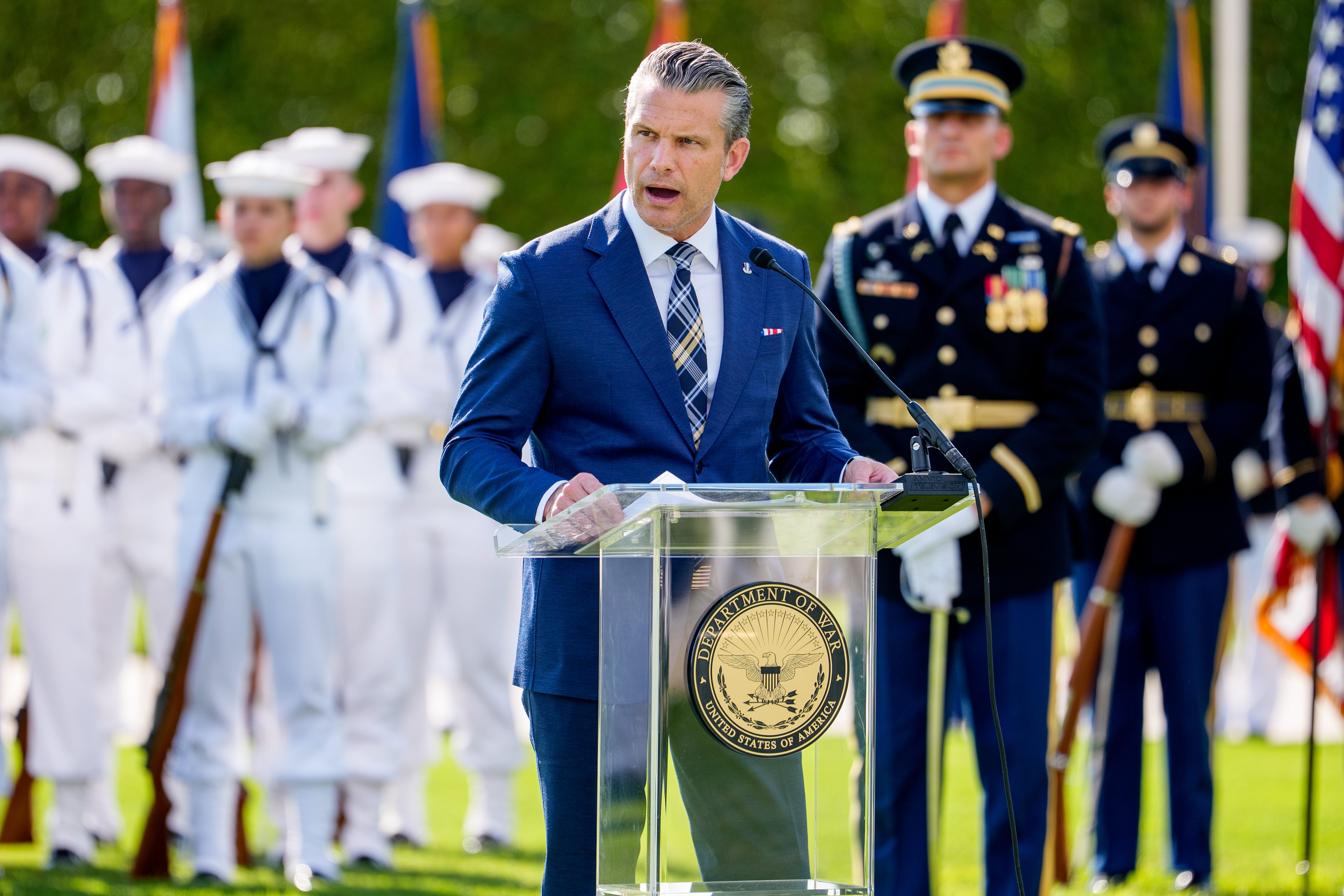 ARLINGTON, VIRGINIA - SEPTEMBER 18: U.S. Secretary of War Pete Hegseth speaks during the Department of War's 2026 National POW/MIA Recognition Day Ceremony on the Pentagon River Terrace Parade Field on September 18, 2026 in Arlington, Virginia. The ceremony honored American service members who were held as prisoners of war and later returned home, as well as those still listed as missing in action from past conflicts. (Photo by Andrew Harnik/Getty Images)
