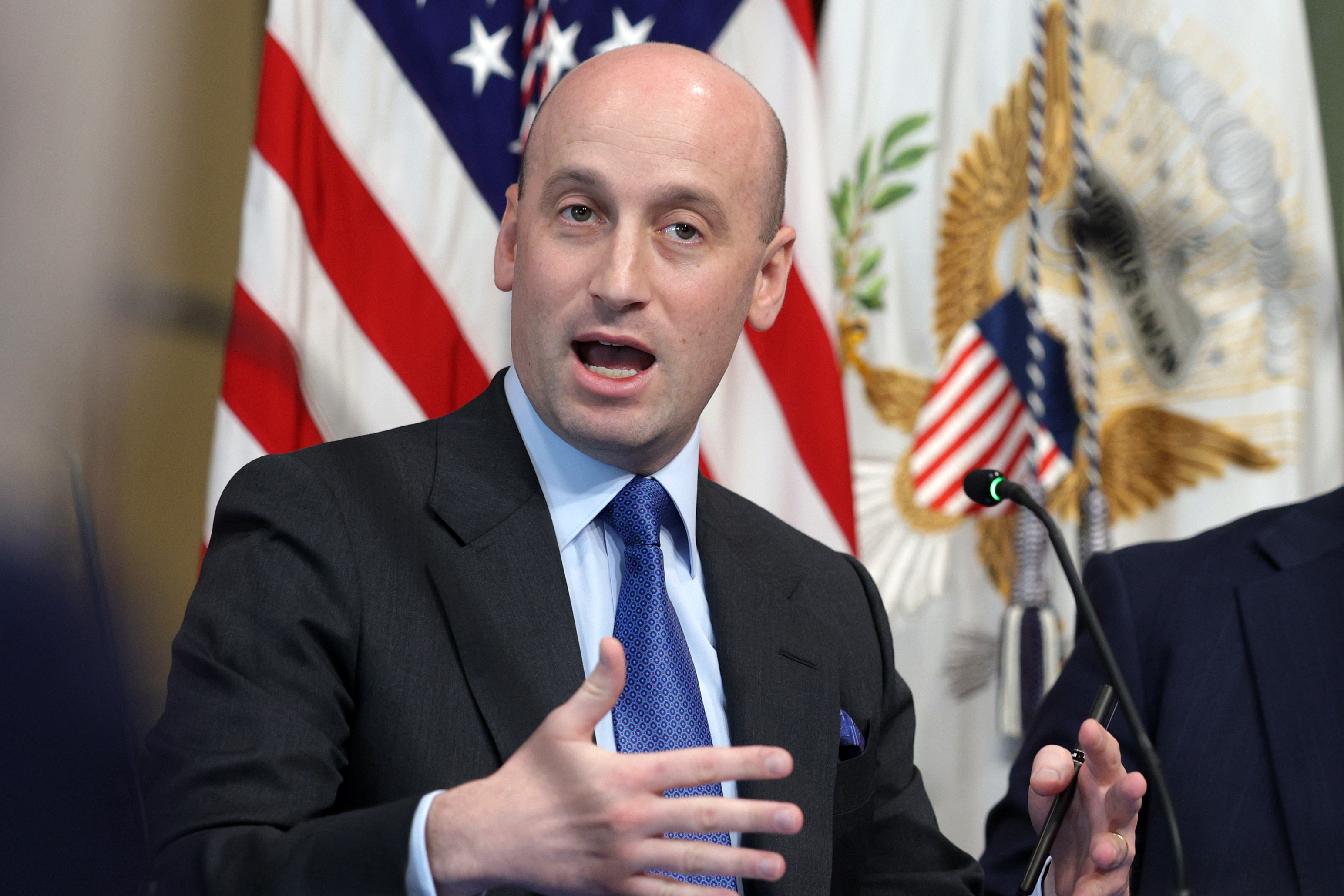 WASHINGTON, DC - AUGUST 05: White House Deputy Chief of Staff for Policy and the Homeland Security Advisor Stephen Miller speaks during a Congressional Roundtable on Anti-Fraud Initiatives at the Indian Treaty Room of Eisenhower Executive Office Building on August 5, 2026 in Washington, DC. Vice President Vance held a roundtable to focus on legislative actions to support the administration’s ongoing federal fraud crackdown. (Photo by Alex Wong/Getty Images)