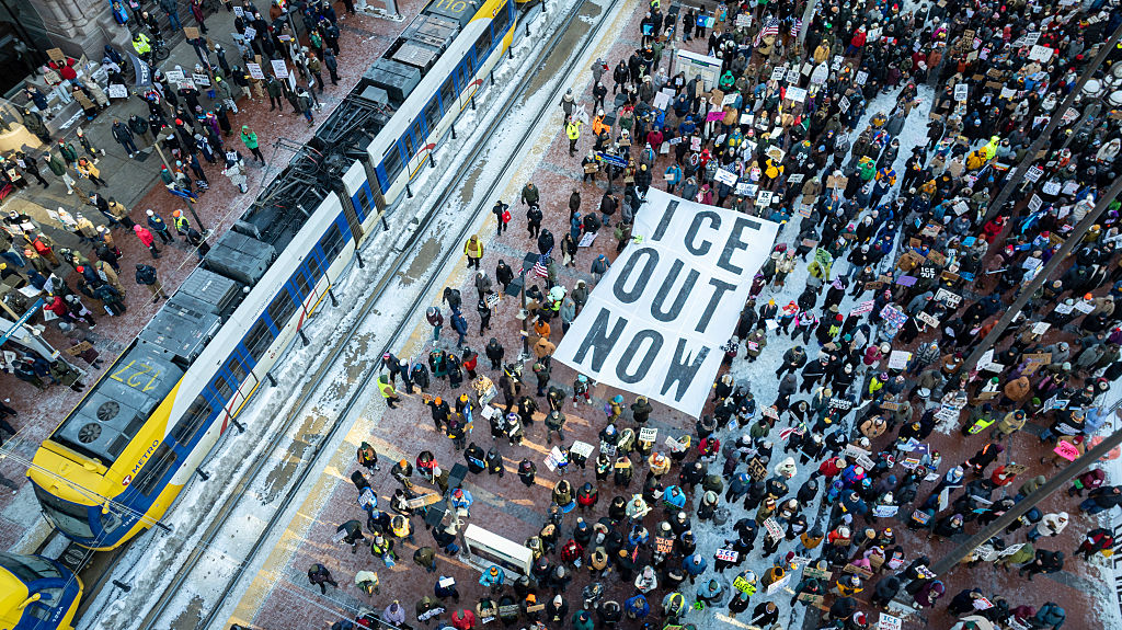 MINNEAPOLIS- JANUARY 30: In an aerial view, demonstrators gather to march calling for an end to ICE operations in Minnesota on January 30, 2026 in Minneapolis, Minnesota. Protesters marched through downtown to protest the deaths of Renee Good on January 7, and Alex Pretti on January 24 by federal immigration agents. (Photo by John Moore/Getty Images)