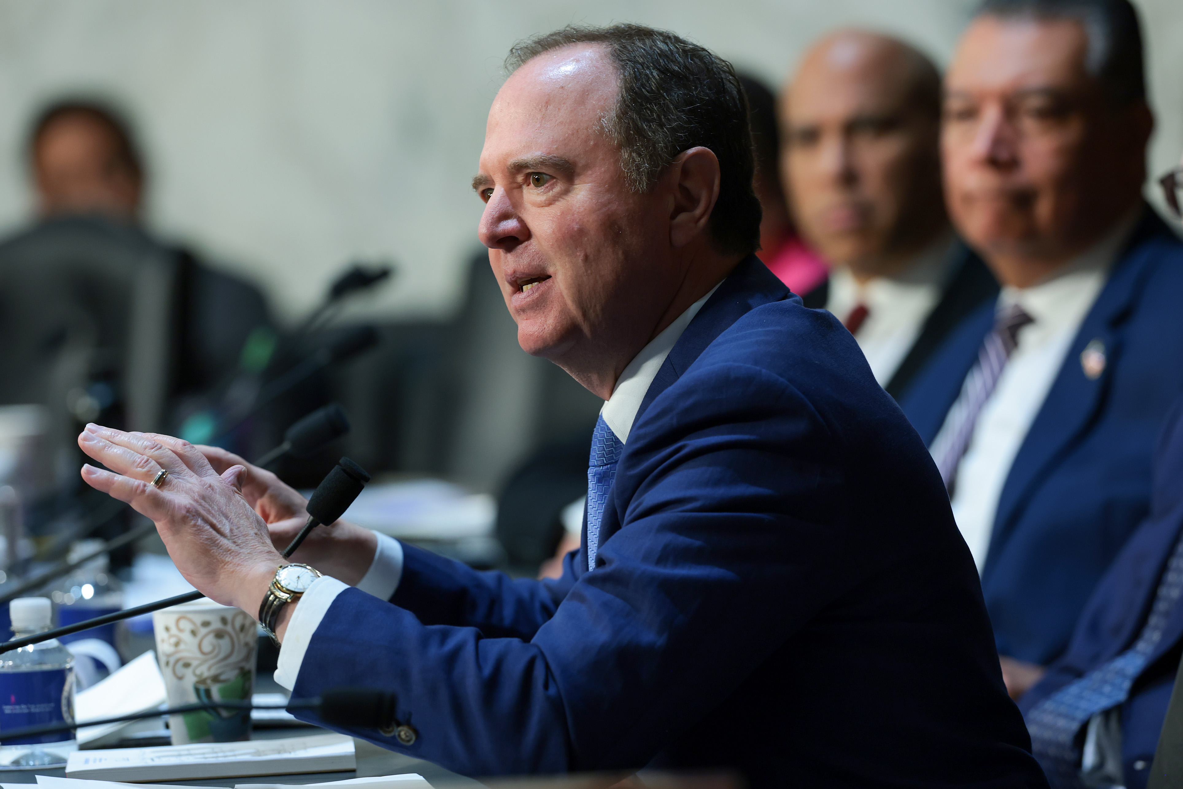 WASHINGTON, DC - AUGUST 04: U.S. Sen. Adam Schiff (D-CA) speaks as members of the Senate Judiciary Committee gather to vote on the nomination of Todd Blanche to be U.S. Attorney General on Capitol Hill on August 04, 2026 in Washington, DC. Blanche's nomination had been previously postponed after Sens. John Cornyn (R-TX) and Thom Tillis (R-NC) raised concerns over the Justice Department’s $1.8 billion