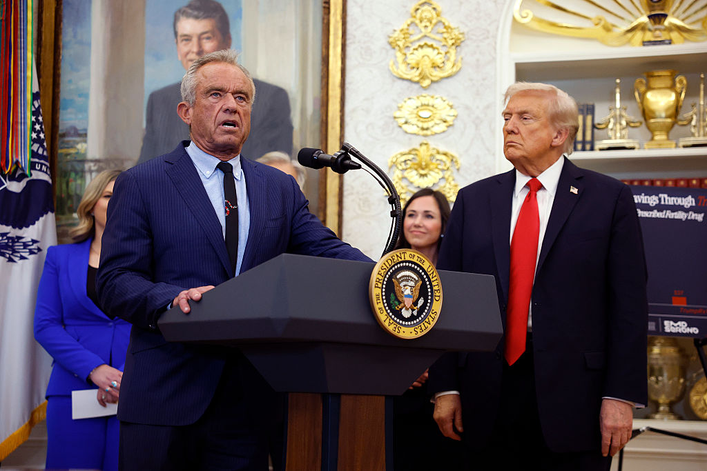 WASHINGTON, DC - OCTOBER 16: U.S. Health and Human Services Secretary Robert F. Kennedy Jr. delivers remarks alongside President Donald Trump during an event in the Oval Office of the White House on October 16, 2025 in Washington, DC. Trump outlined plans to expand vitro fertilization (IVF) access by encouraging workplace benefits to include access to IVF and infertility coverage. (Photo by Kevin Dietsch/Getty Images)