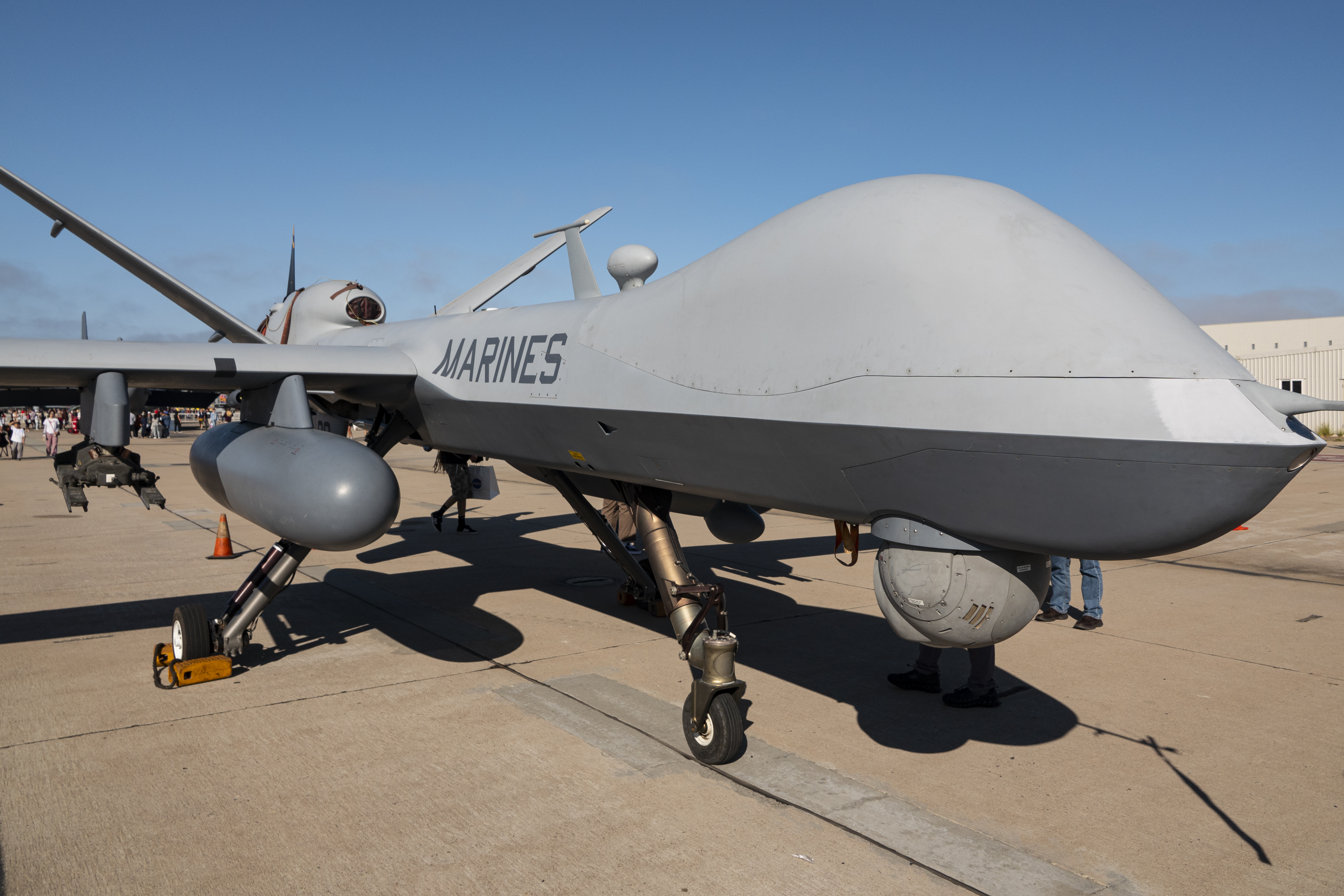 SAN DIEGO, CALIFORNIA - SEPTEMBER 28: A United States Marines MQ-9 Reaper unmanned aerial vehicle is displayed at the Marine Corps Air Station Miramar Airshow on September 28, 2024 in San Diego, California.  (Photo by Kevin Carter/Getty Images)