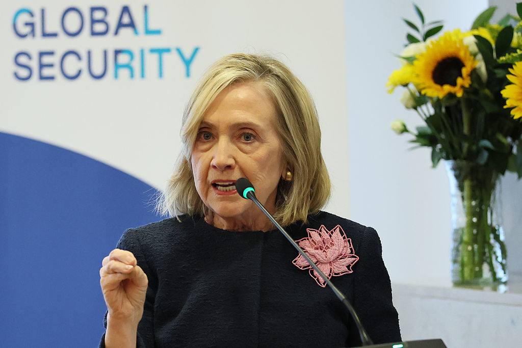 NEW YORK, NEW YORK - SEPTEMBER 22: Former U.S. Secretary of State Hillary Clinton speaks during the Women Transforming Global Security (WTGS) event at the International Peace Institute on September 22, 2025 in New York City. Clinton was joined by former President of Ireland and UN High Commissioner for Human Rights Mary Robinson, former Prime Minister of New Zealand Helen Clark, Editorial Director, curator, and host of TEDWomen Pat Mitchell and Ploughshares President Dr. Emma Belcher to speak about reducing the security threats of nuclear weapons, climate change, emerging technologies, public health and human rights.  (Photo by Michael M. Santiago/Getty Images)
