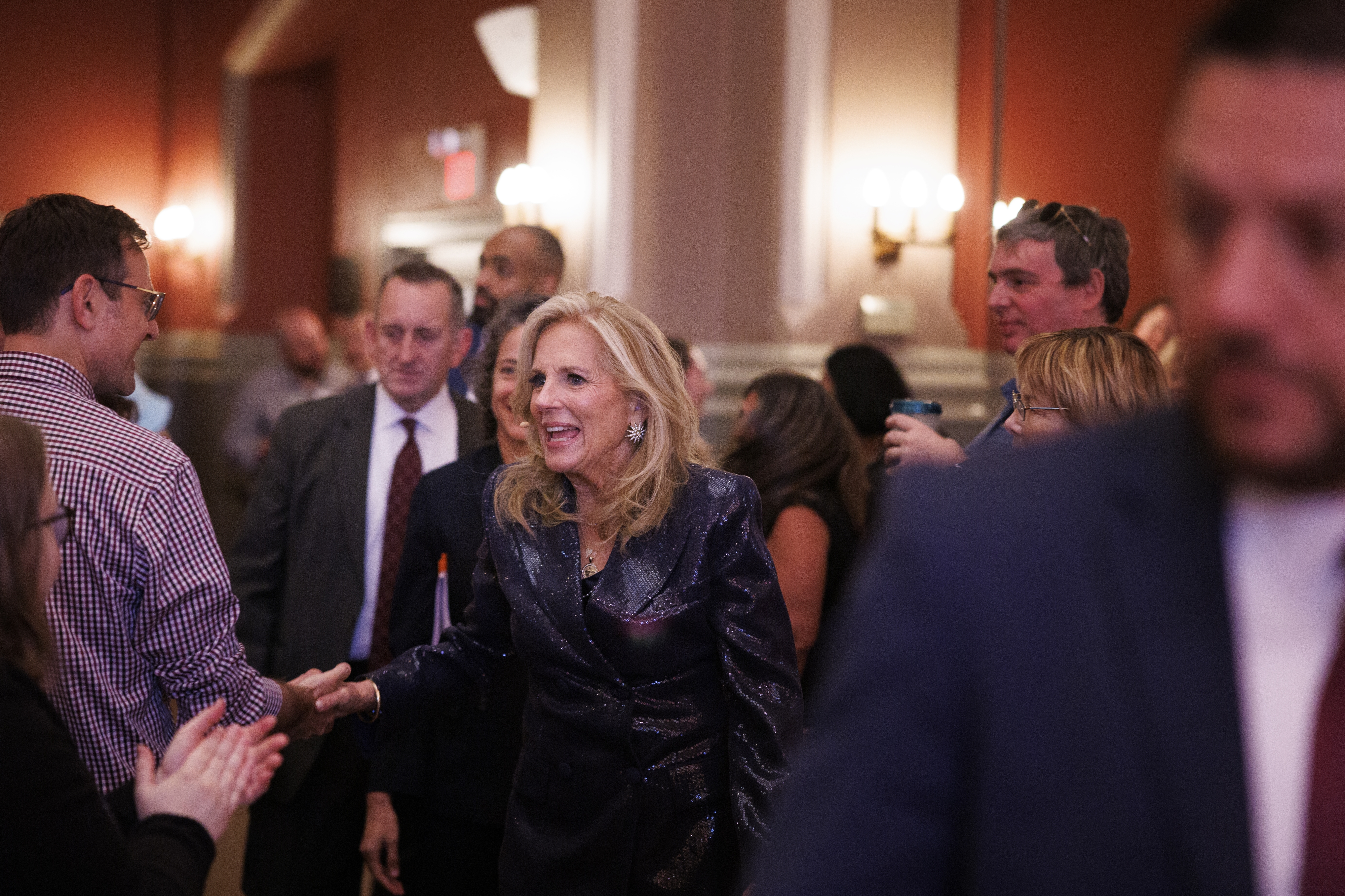 WASHINGTON, DC - JUNE 3: Former First Lady Dr. Jill Biden greets audience members before a speaking event with journalist Paola Ramos at the Sixth and I temple and venue on June 3, 2026 in the Chinatown neighborhood of Washington, DC. The Former First Lady spoke to a crowd while promoting her new book,