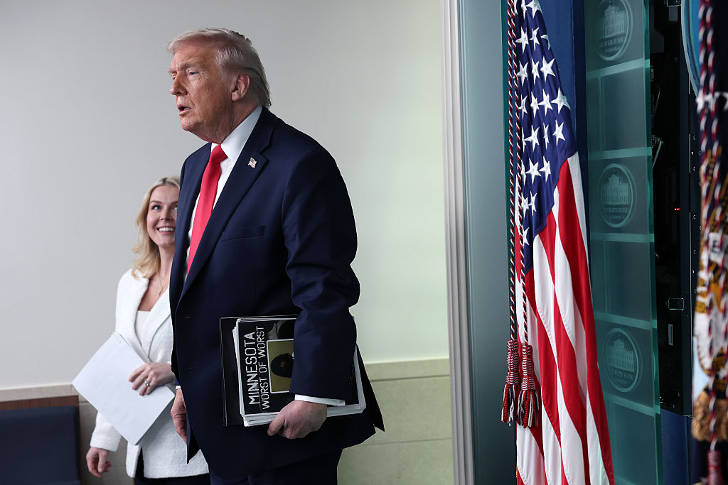 WASHINGTON, DC - JANUARY 20: U.S. President Donald Trump and White House Press Secretary Karoline Leavitt arrive to a press briefing in the James S. Brady Press Briefing Room of the White House on January 20, 2026 in Washington, DC. Leavitt was joined by President Trump days after the president threatened a 10% import tax on goods from eight European countries that have rallied around Denmark amid Trump's calls for the U.S. to take control of Greenland, a semi-autonomous Danish territory. (Photo by Win McNamee/Getty Images)