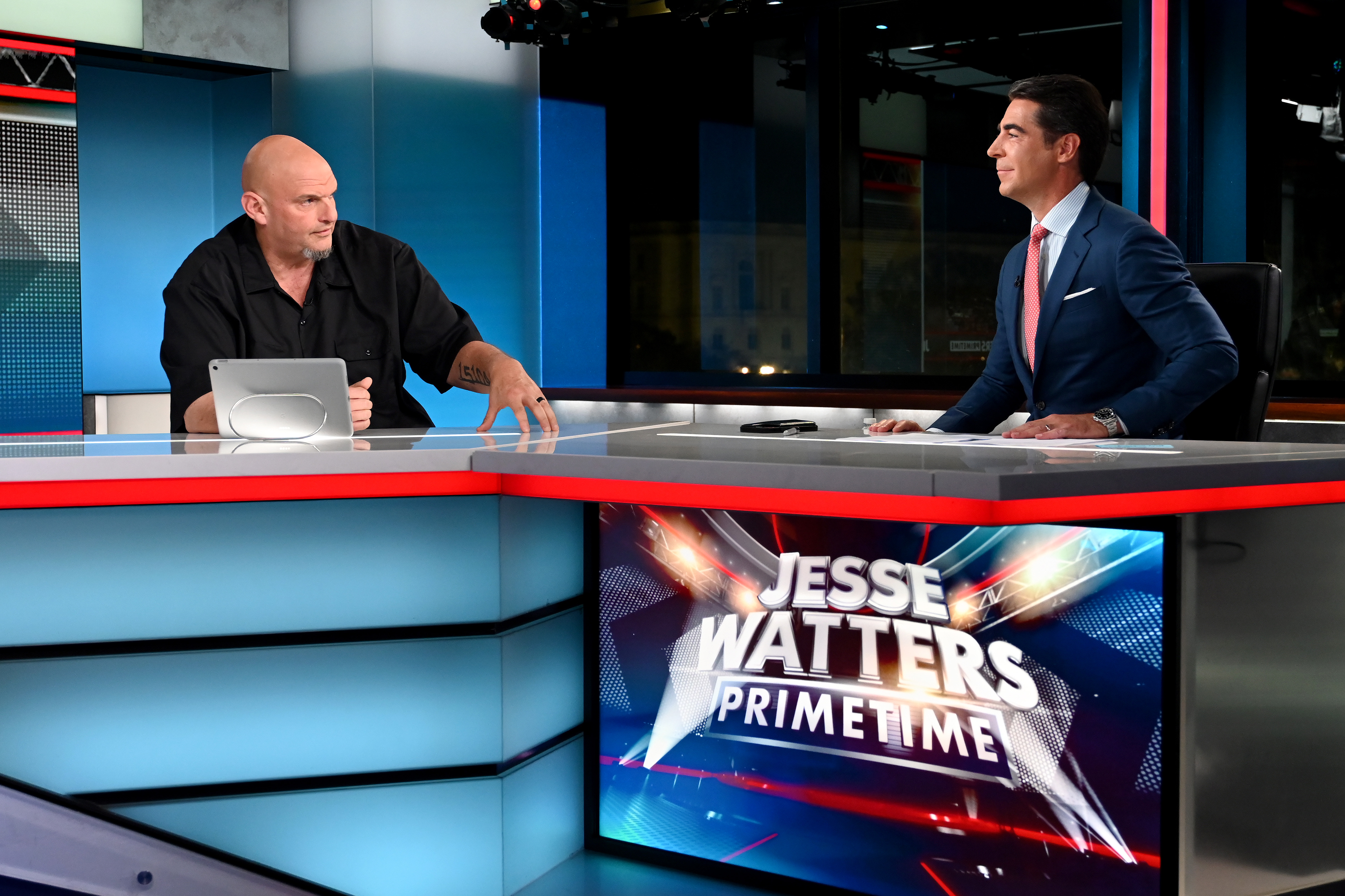 WASHINGTON, DC - NOVEMBER 03: (L-R) Sen. John Fetterman appears with host Jesse Watters on