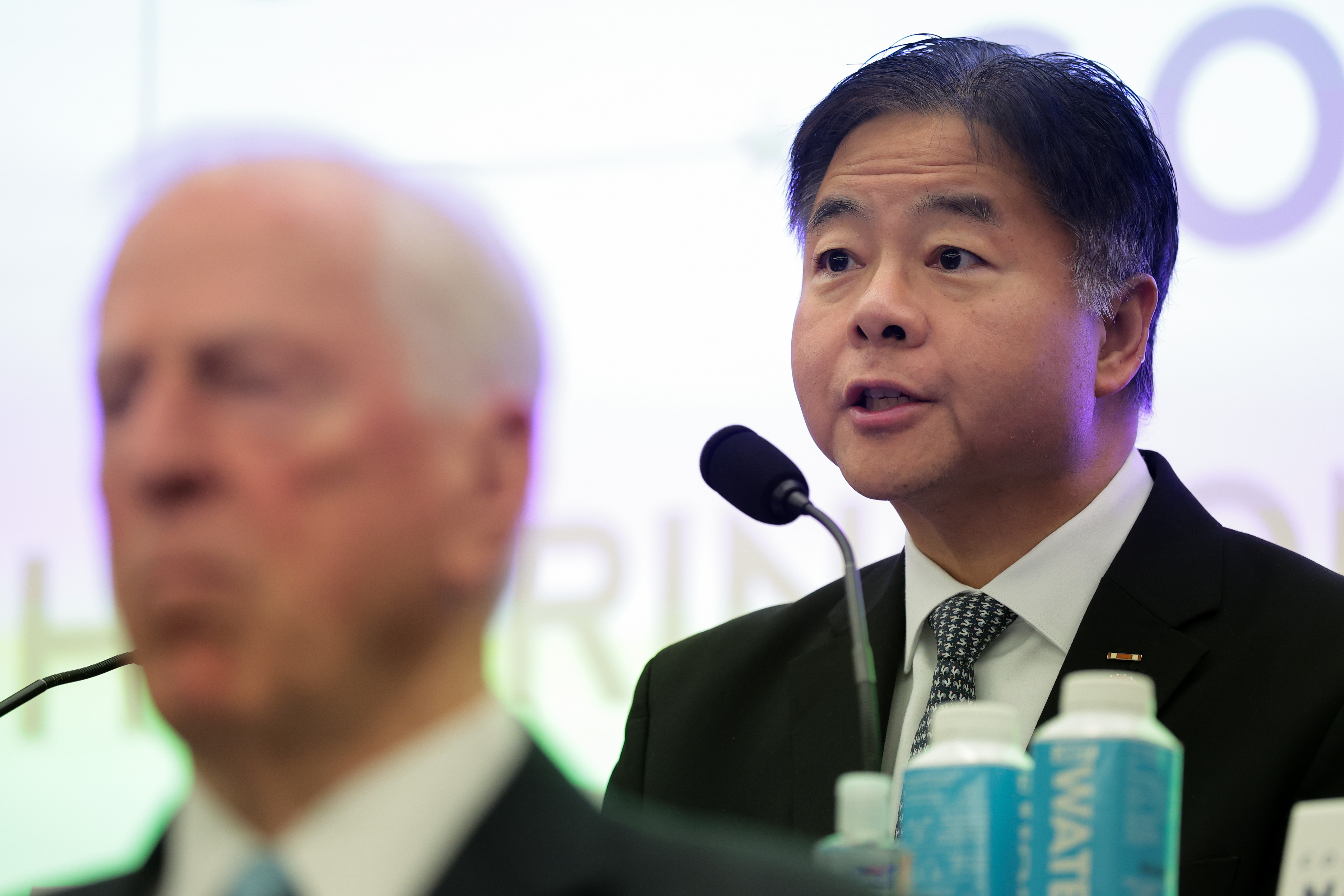 WASHINGTON, DC - APRIL 10: U.S. Rep. Ted Lieu (D-CA) (R) speaks alongside Rep. Mike Thompson (D-CA) (L) during a Democratic Steering and Policy Committee hearing in the U.S. Capitol on April 10, 2025 in Washington, DC. Former employees from the Department of Veterans Affairs (VA) testified in front of House Democrats regarding President Donald Trump's benefit cuts and mass layoffs. (Photo by Kayla Bartkowski/Getty Images)