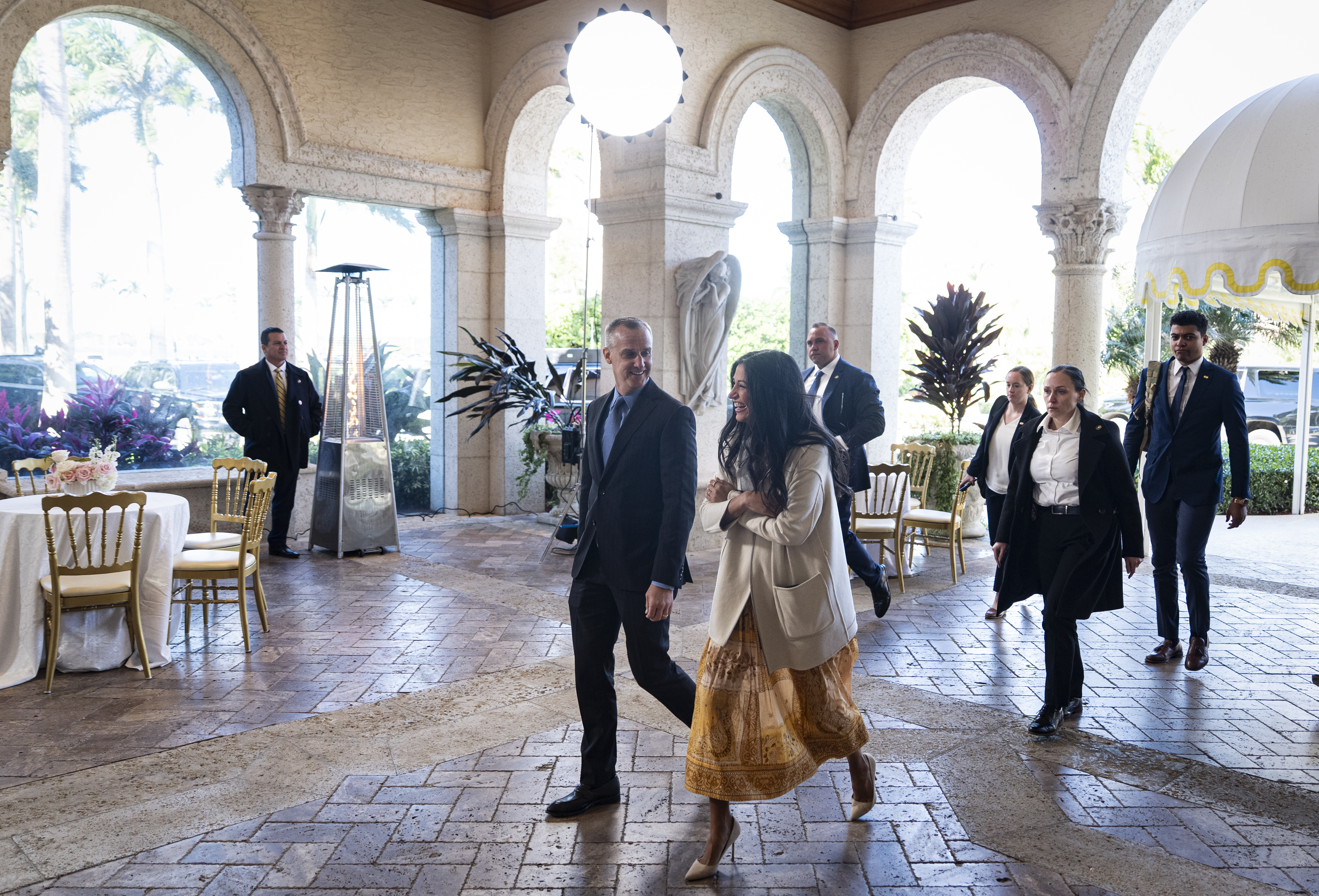 PALM BEACH, FLORIDA - FEBRUARY 1: Corey Lewandowski, chief advisor to Department of Homeland Security (DHS) Secretary Kristi Noem, and Katie Miller, former advisor to the Department of Government Efficiency (DOGE), arrive at Mar-a-Lago on February 1, 2026 in Palm Beach, Florida. The wedding of Dan Scavino, White House deputy chief of staff, and Erin Elmore, the State Department’s Art in Embassies director, is taking place today at Mar‑a‑Lago. (Photo by Al Drago/Getty Images)