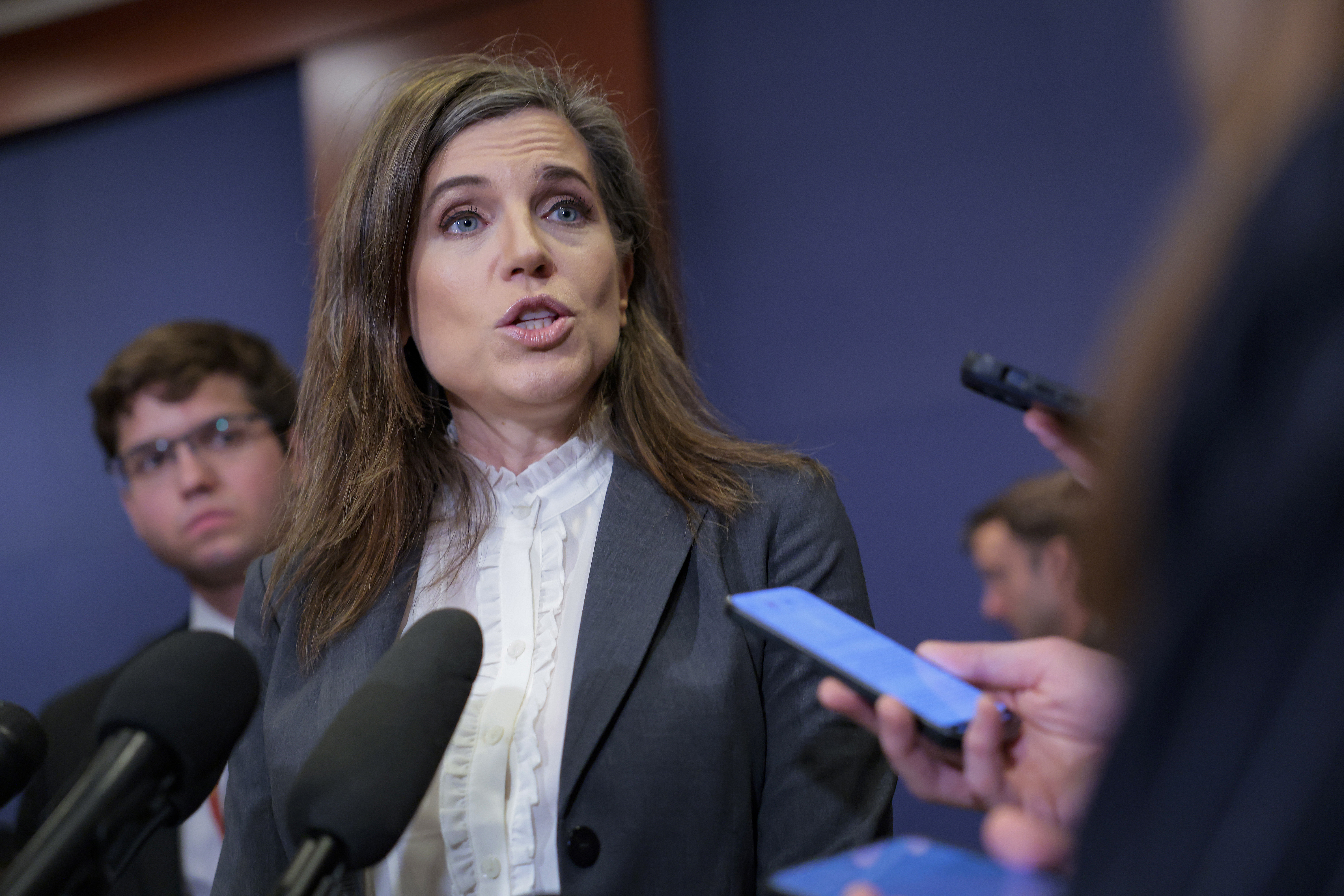 WASHINGTON, DC - MARCH 03: U.S. Rep. Nancy Mace (R-SC) speaks to the media after attending Congressional briefings on Iran at the U.S. Capitol on March 3, 2026 in Washington, DC. Trump administration Cabinet officials will be briefing all lawmakers in the House and Senate on U.S. and Israeli attacks on Iran. (Photo by Heather Diehl/Getty Images)