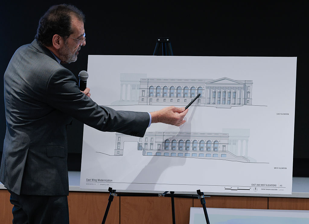 WASHINGTON, DC - JANUARY 08: Architect Shalom Baranes shows elevation drawings for a new $400 million ballroom at the White House to members of the National Capital Planning Commission on January 08, 2026 in Washington, DC. The commission met to discuss U.S. President Donald Trump's planned construction of a new ballroom at the White House which began months ago and will replace the recently demolished two-story East Wing. (Photo by Chip Somodevilla/Getty Images)