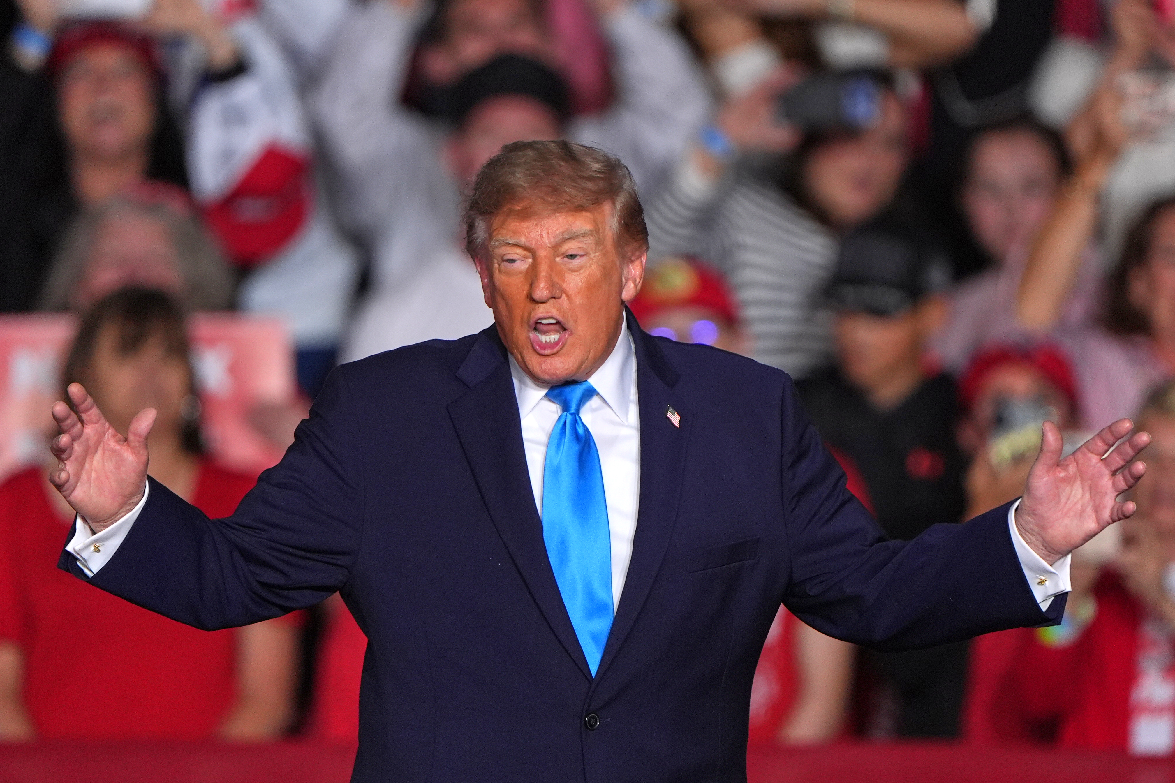 President Donald Trump arrives at a campaign rally at the Pinnacle Bank Expo Center, Monday, Oct. 5, 2026, in Grand Island, Neb. (AP Photo/Charlie Riedel)