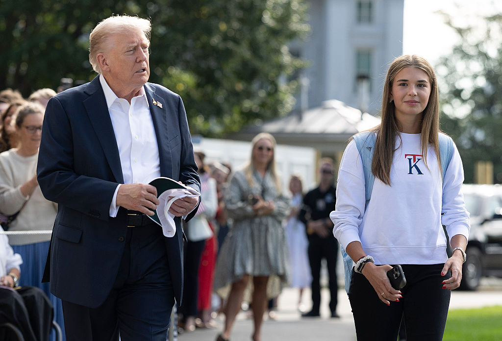 WASHINGTON, DC - SEPTEMBER 26: U.S. President Donald Trump, joined by his granddaughter Kai Trump, departs the White House&nbsp;on September 26, 2025 in Washington, DC. Under pressure from Trump, the DOJ indicted former FBI Director James Comey on counts of making false statements and obstruction of a congressional proceeding related to the September 2020 Russia investigation. (Photo by Kevin Dietsch/Getty Images)