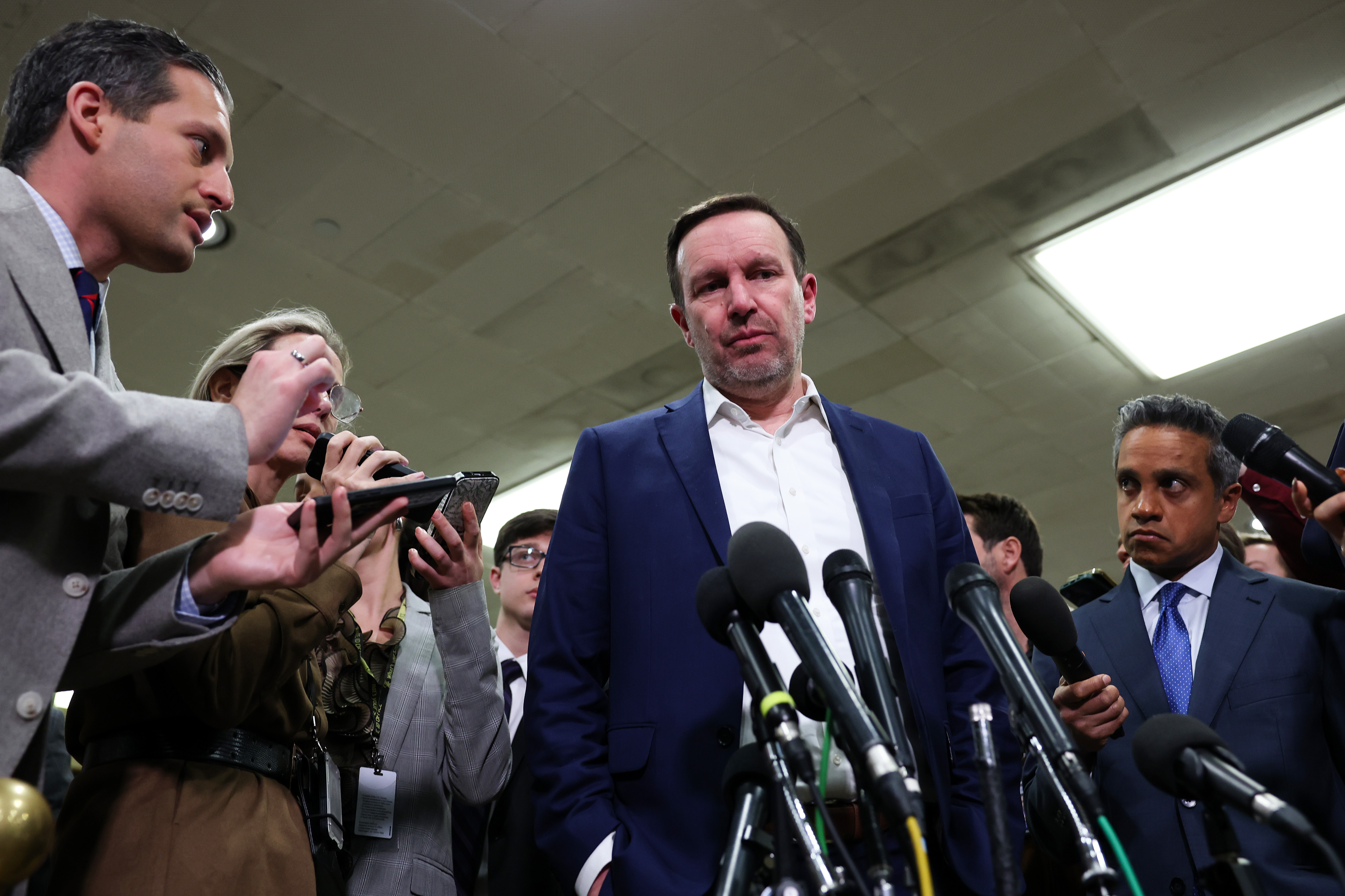 WASHINGTON, DC - MARCH 03: U.S. Sen. Chris Murphy (D-CT) speaks to the media after attending Congressional briefings on Iran at the U.S. Capitol on March 3, 2026 in Washington, DC. Trump administration Cabinet officials will be briefing all lawmakers in the House and Senate on U.S. and Israeli attacks on Iran. (Photo by Anna Moneymaker/Getty Images)