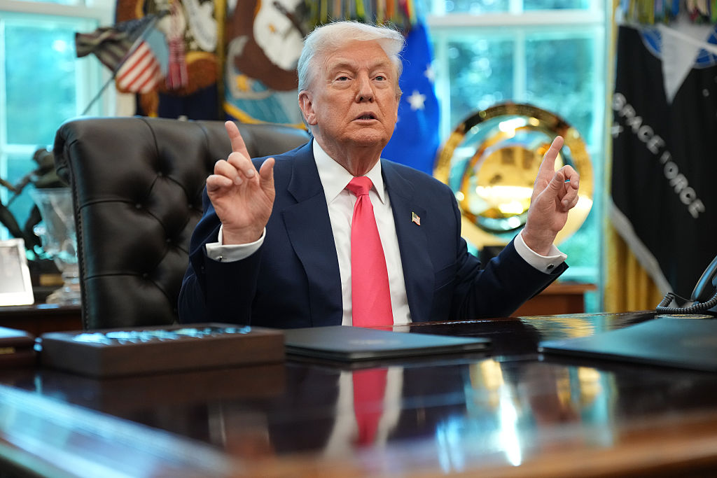 WASHINGTON, DC - AUGUST 14:  U.S. President Donald Trump answers questions from reporters in the Oval Office on August 14, 2025 in Washington, DC. Trump signed a proclamation on the 90th anniversary of Social Security to highlight his administration's efforts on the program. (Photo by Andrew Harnik/Getty Images)