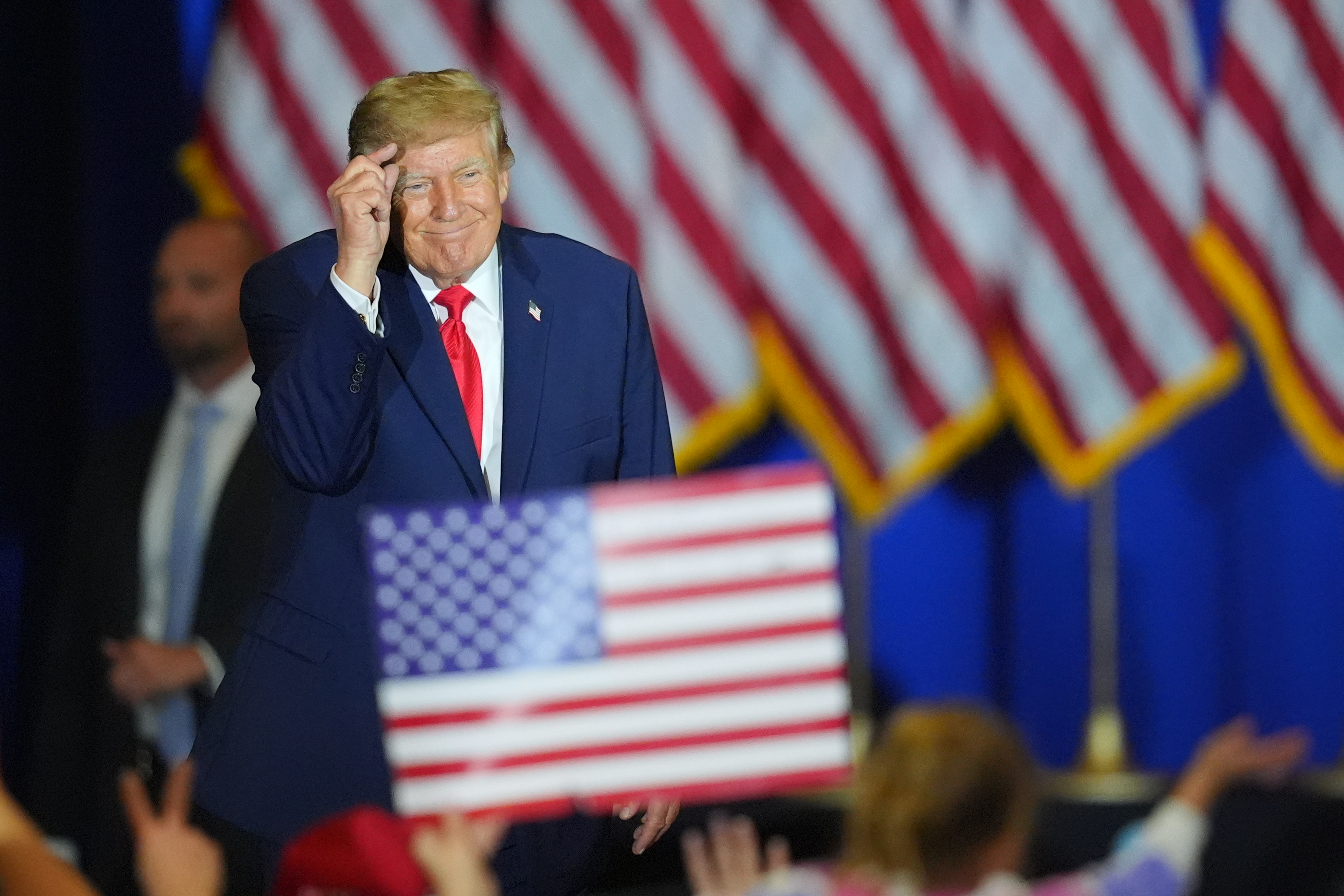 President Donald Trump gestures at a campaign rally at the Choctaw Event Center, Thursday, Oct. 1, 2026, in Durant, Okla. (AP Photo/Julio Cortez)